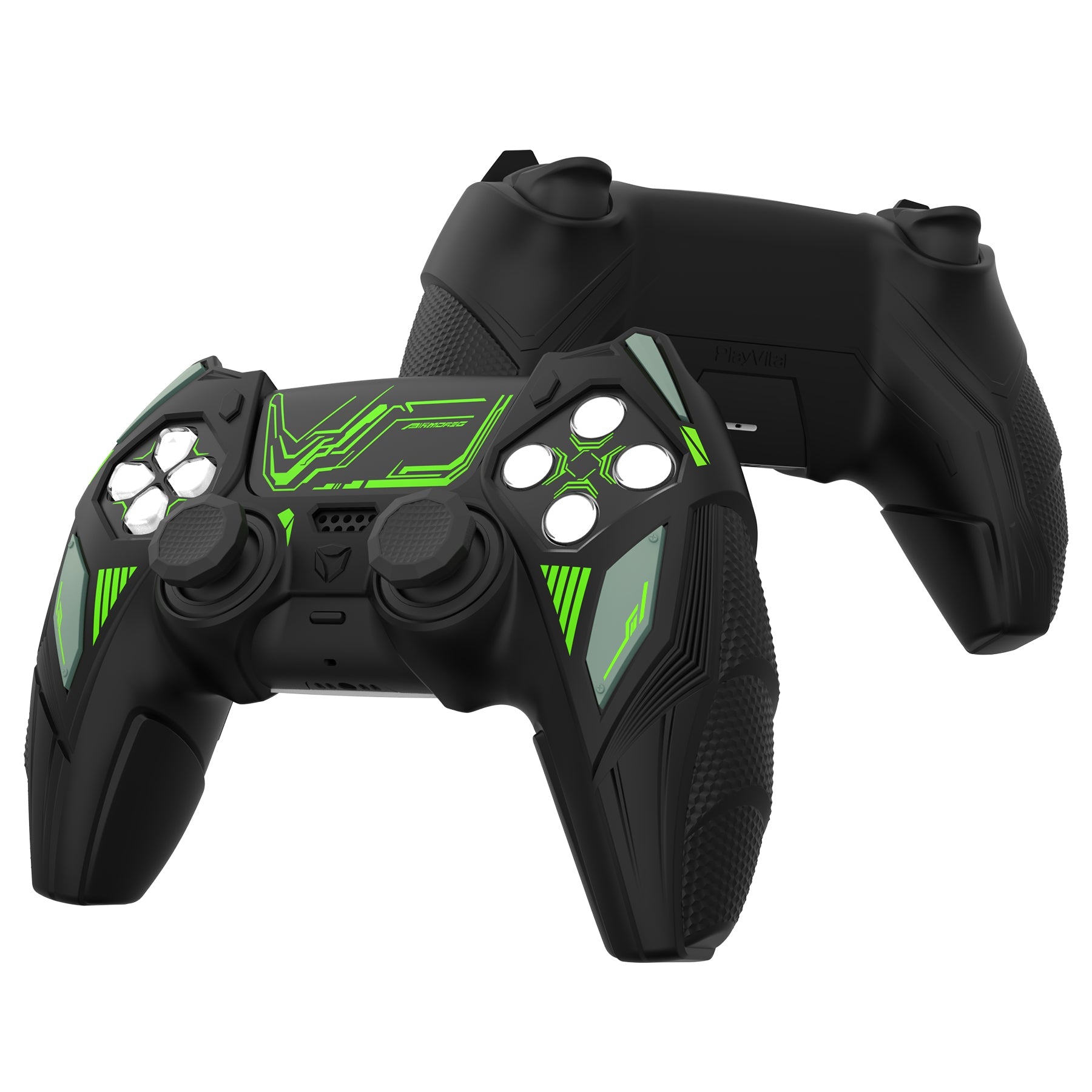 PlayVital Mecha Rhino Silicone Cover for PS5 Controller with Thumb Grips & Stickers, Compatible with Charging Station - Black & Green PlayVital