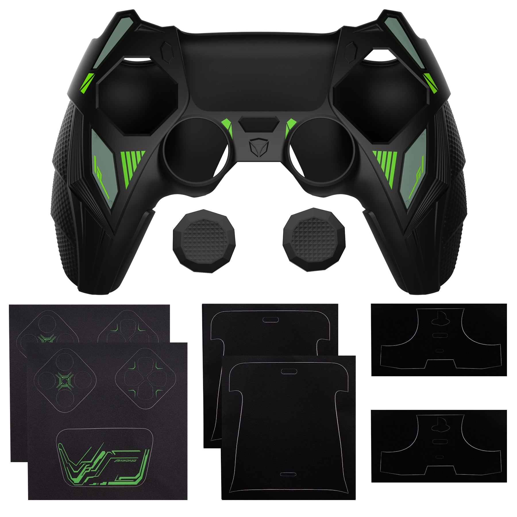 PlayVital Mecha Rhino Silicone Cover for PS5 Controller with Thumb Grips & Stickers, Compatible with Charging Station - Black & Green PlayVital