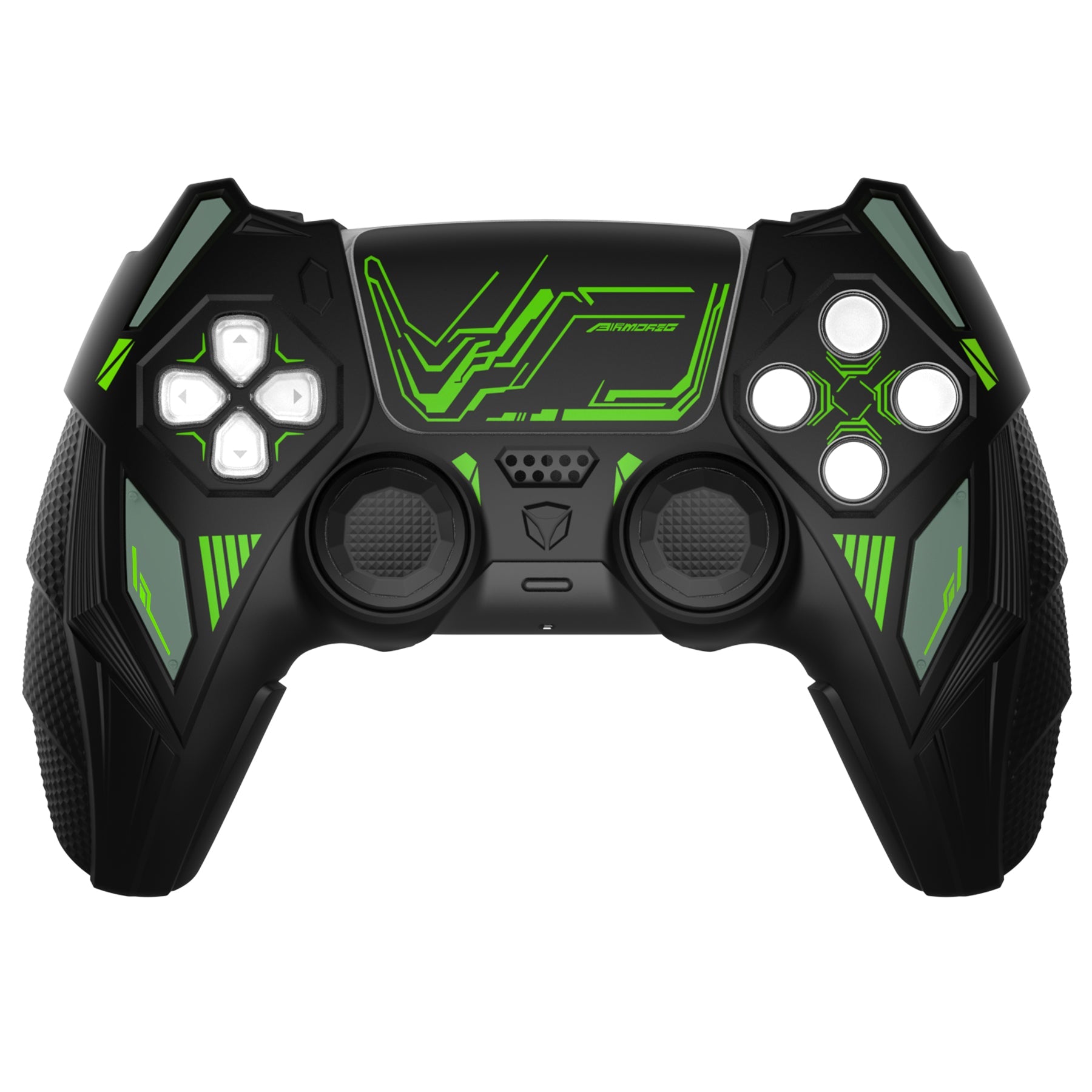 PlayVital Mecha Rhino Silicone Cover for PS5 Controller with Thumb Grips & Stickers, Compatible with Charging Station - Black & Green PlayVital