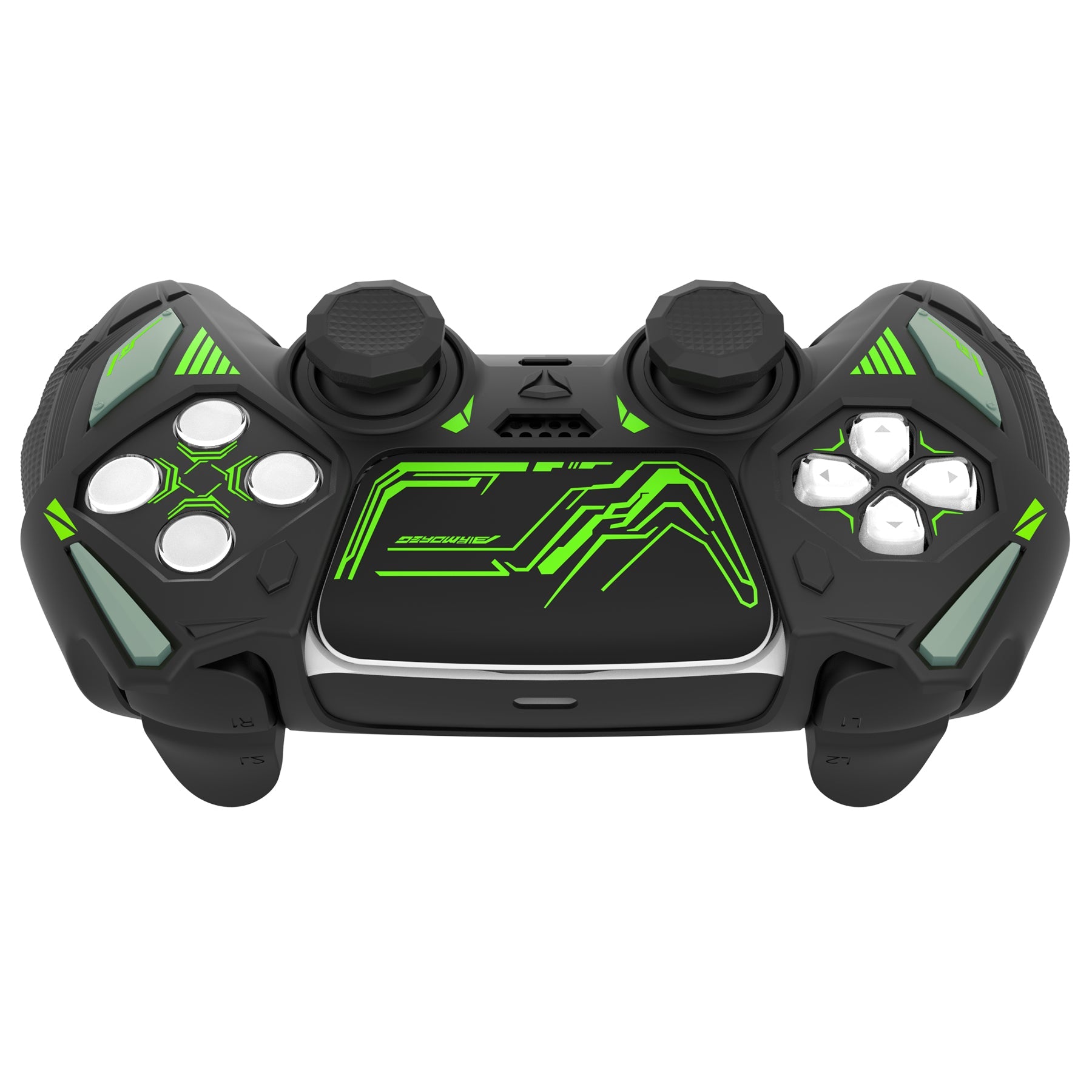 PlayVital Mecha Rhino Silicone Cover for PS5 Controller with Thumb Grips & Stickers, Compatible with Charging Station - Black & Green PlayVital