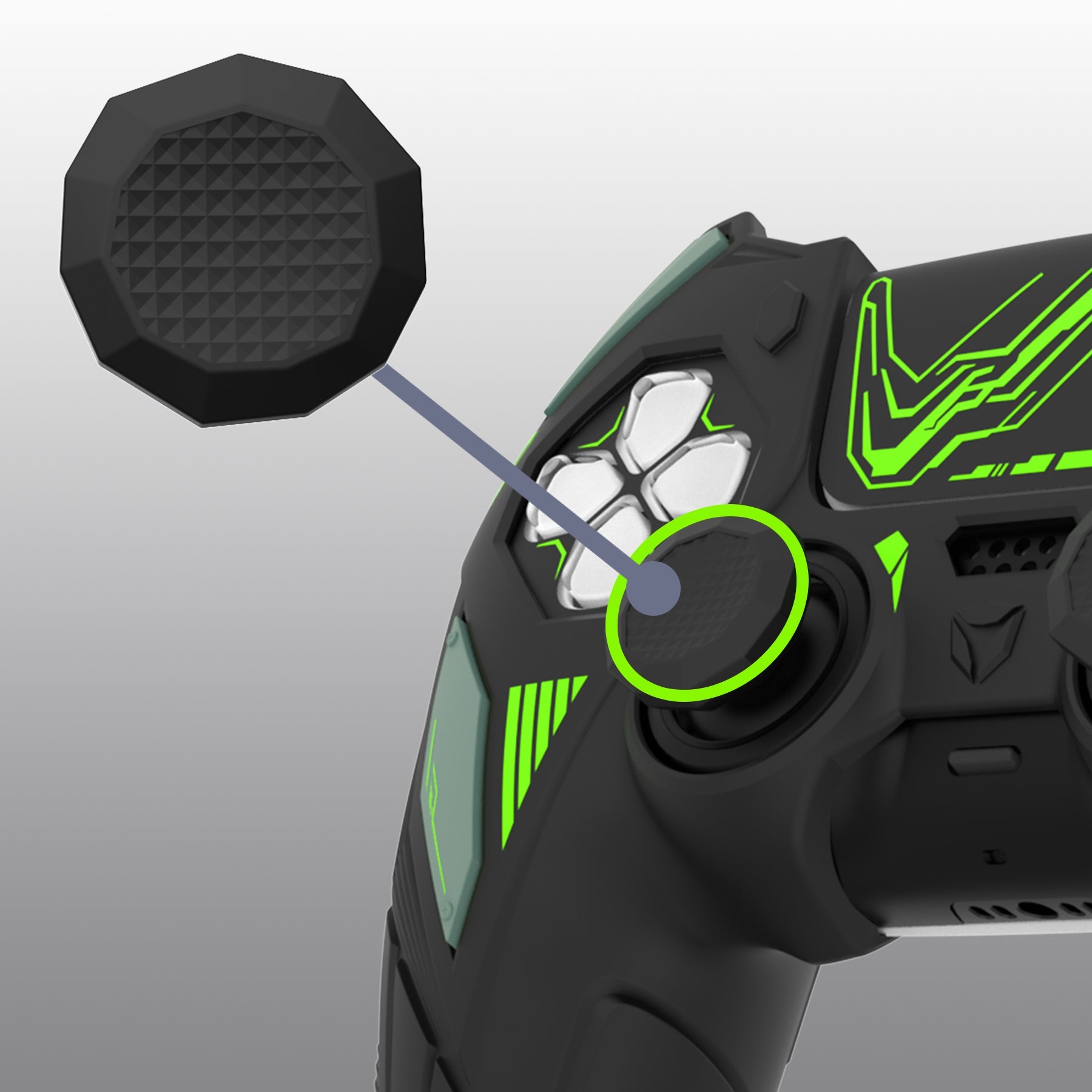 PlayVital Mecha Rhino Silicone Cover for PS5 Controller with Thumb Grips & Stickers, Compatible with Charging Station - Black & Green PlayVital