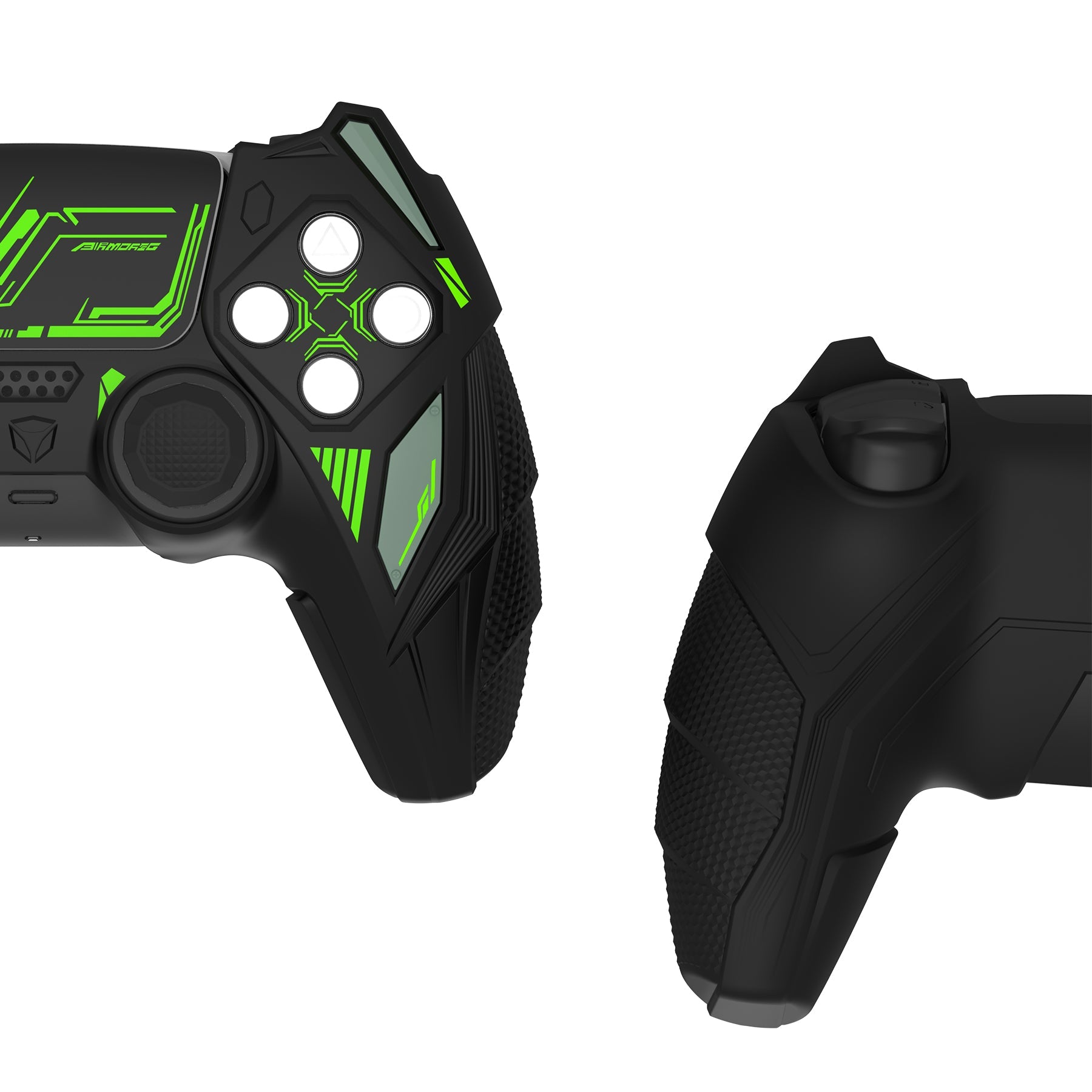 PlayVital Mecha Rhino Silicone Cover for PS5 Controller with Thumb Grips & Stickers, Compatible with Charging Station - Black & Green PlayVital
