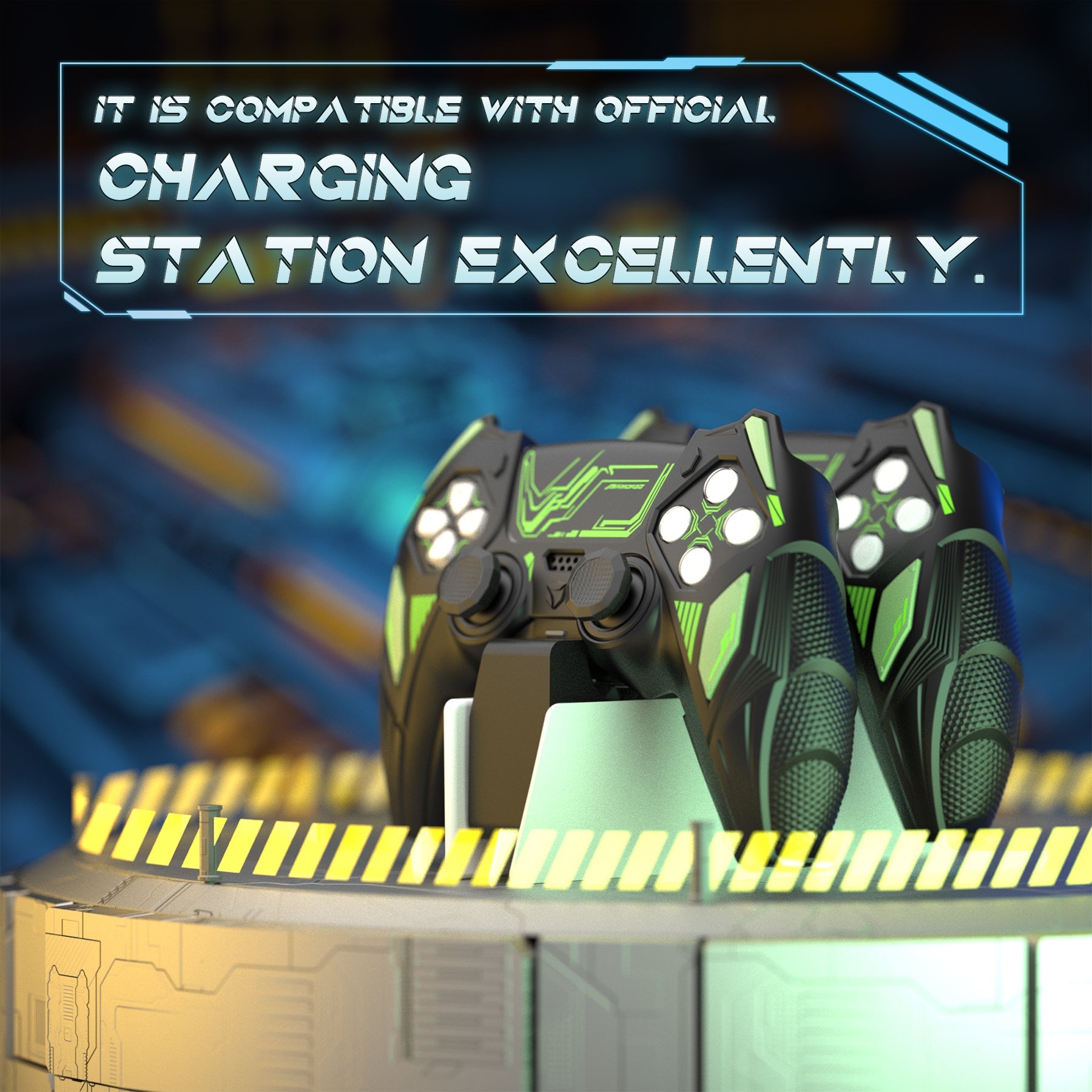 PlayVital Mecha Rhino Silicone Cover for PS5 Controller with Thumb Grips & Stickers, Compatible with Charging Station - Black & Green PlayVital