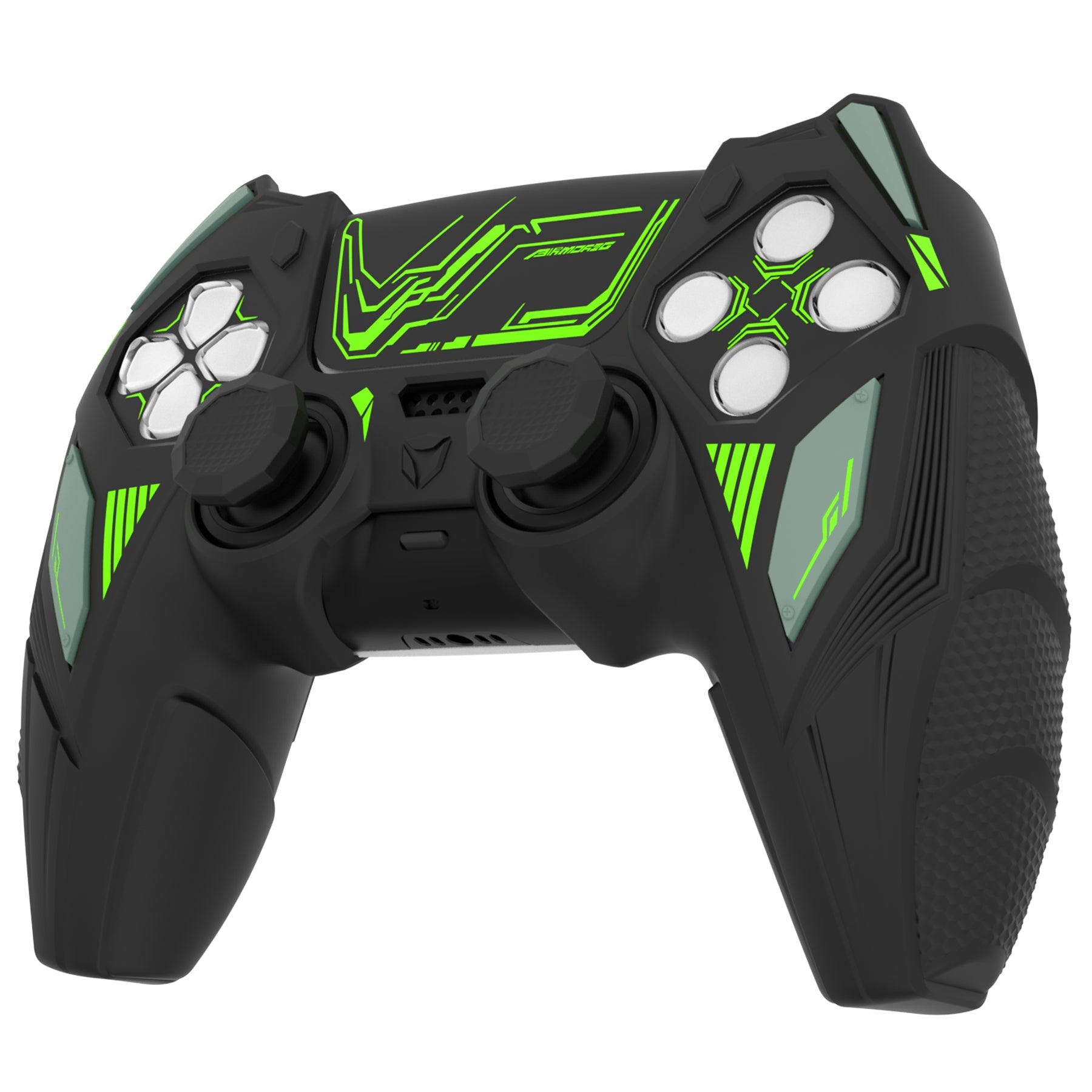 PlayVital Mecha Rhino Silicone Cover for PS5 Controller with Thumb Grips & Stickers, Compatible with Charging Station - Black & Green PlayVital