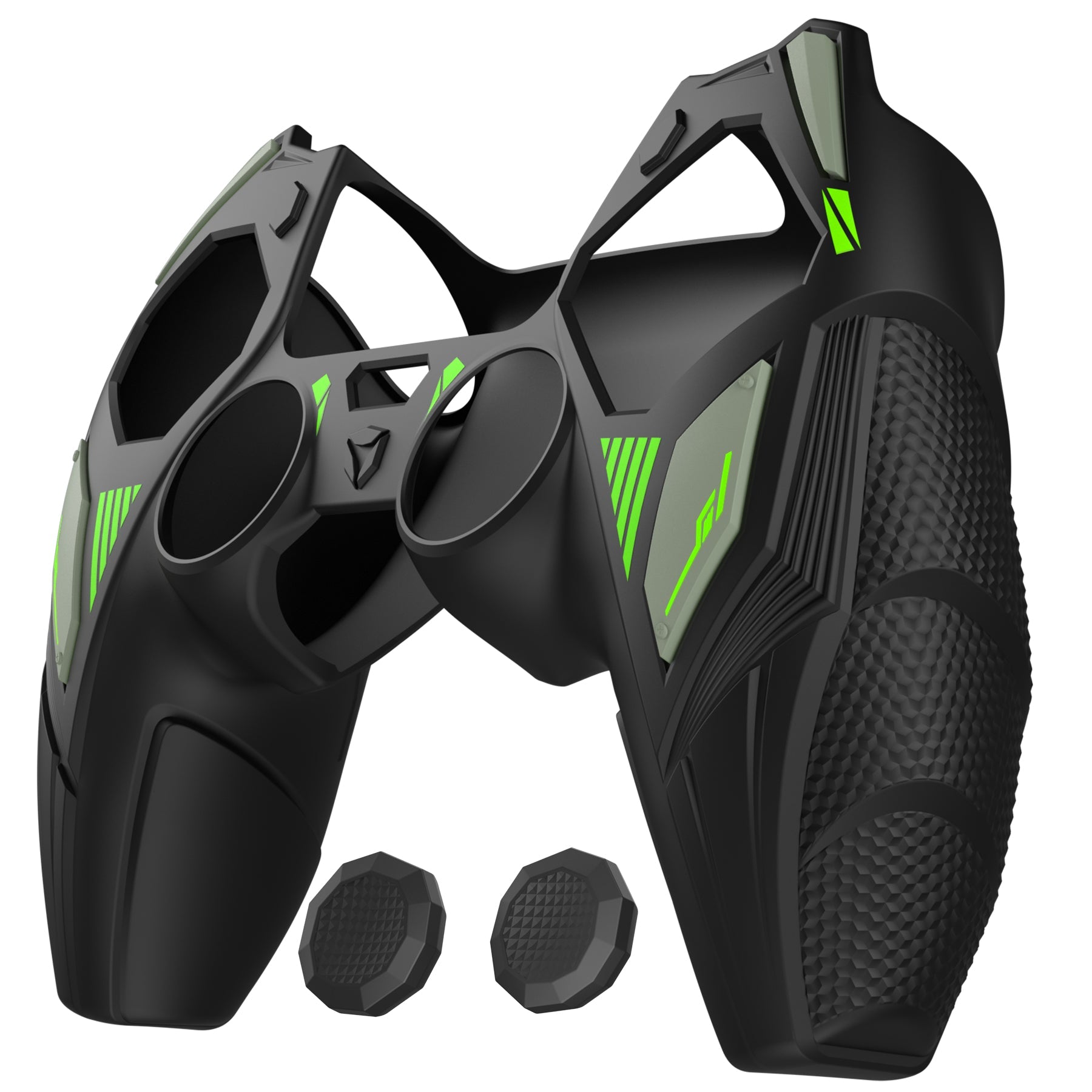 PlayVital Mecha Rhino Silicone Cover for PS5 Controller with Thumb Grips & Stickers, Compatible with Charging Station - Black & Green PlayVital