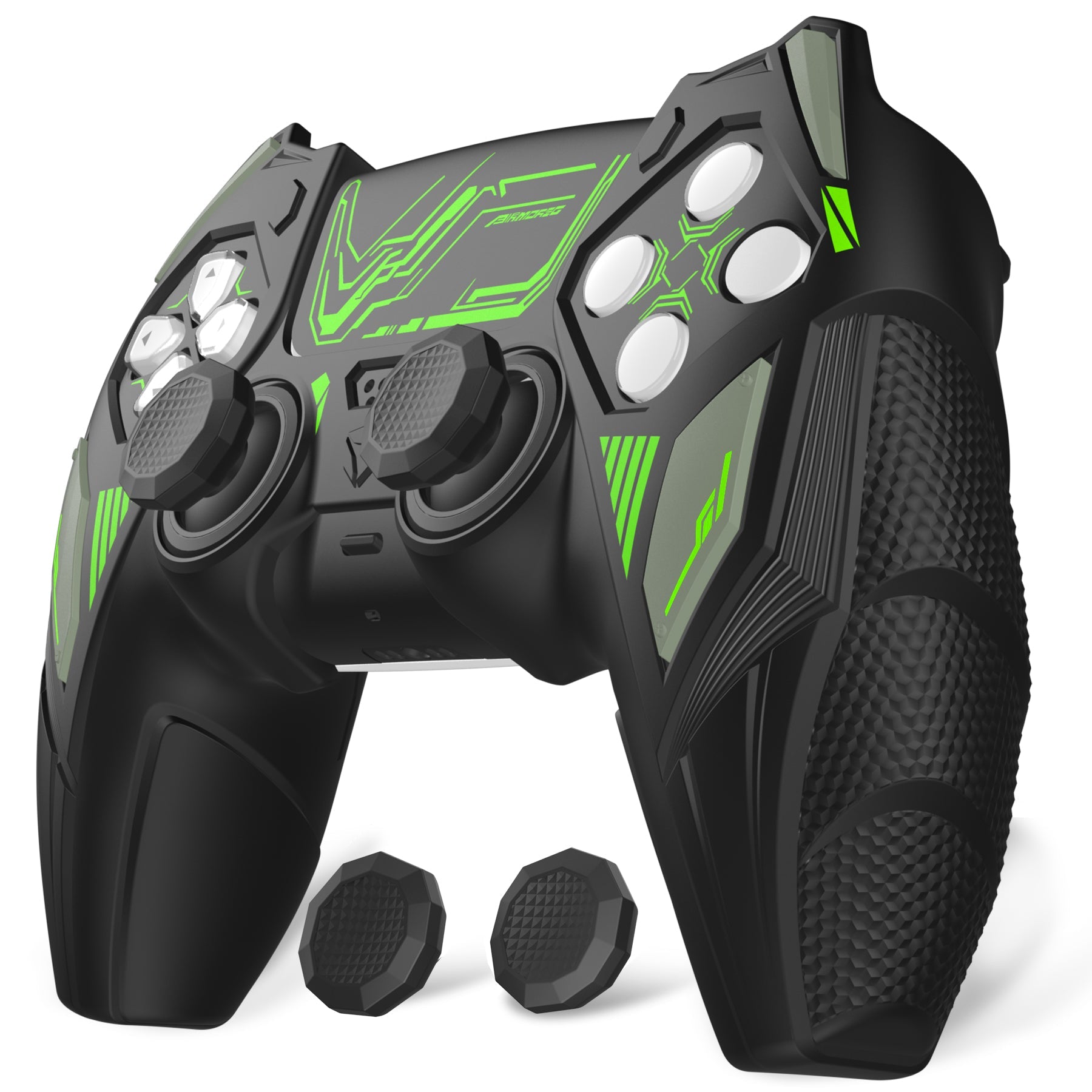 PlayVital Mecha Rhino Silicone Cover for PS5 Controller with Thumb Grips & Stickers, Compatible with Charging Station - Black & Green PlayVital