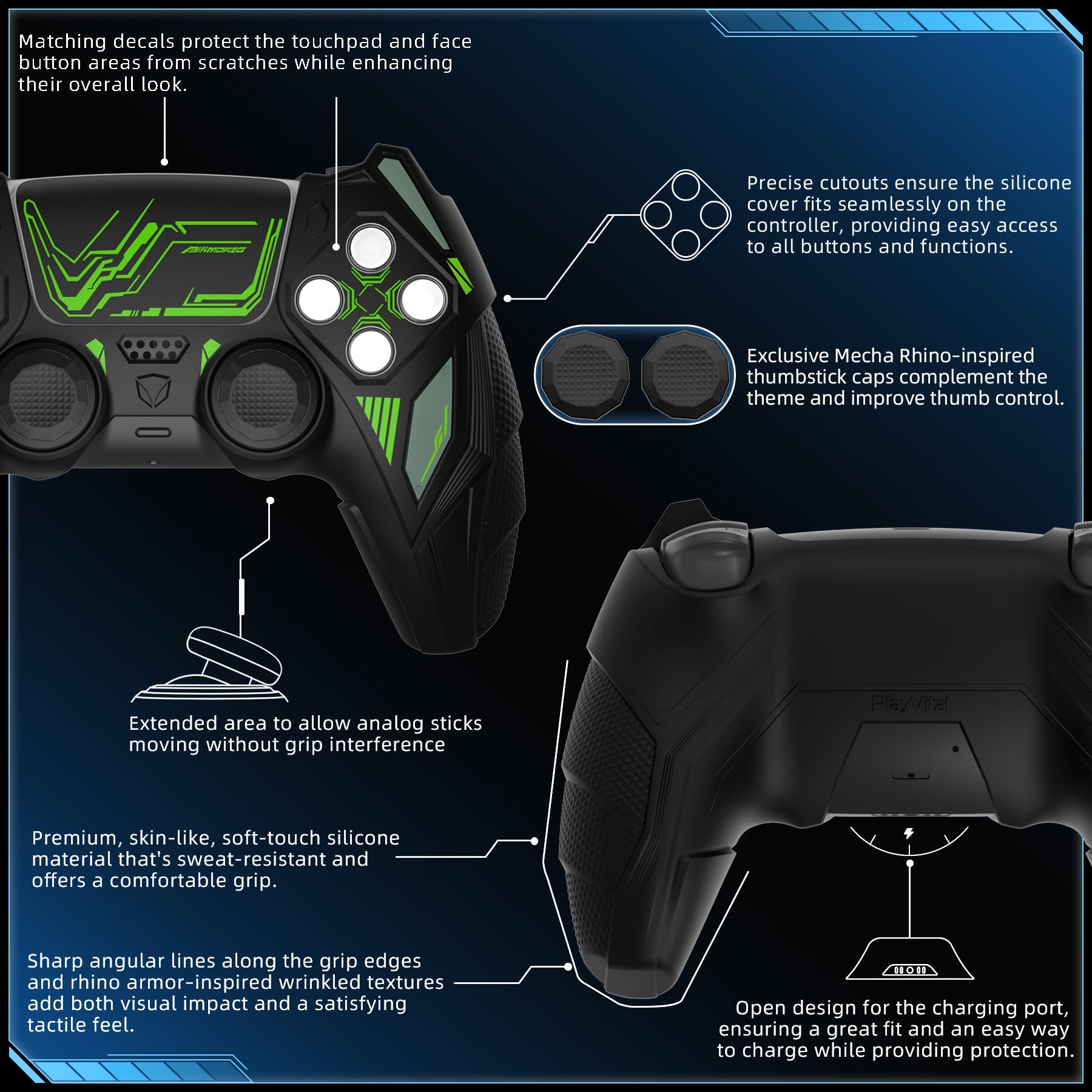 PlayVital Mecha Rhino Silicone Cover for PS5 Controller with Thumb Grips & Stickers, Compatible with Charging Station - Black & Green PlayVital