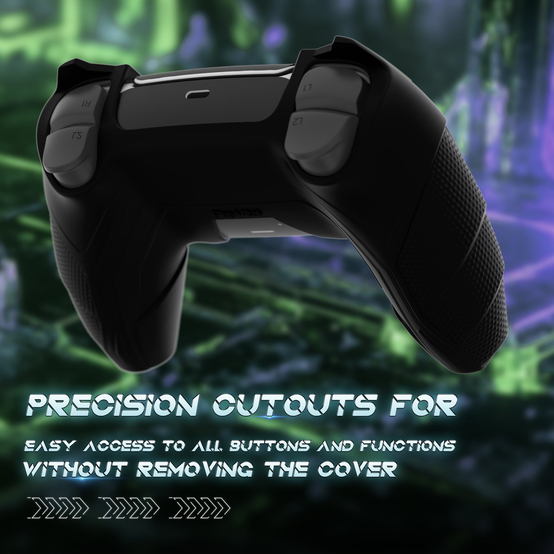 PlayVital Mecha Rhino Silicone Cover for PS5 Controller with Thumb Grips & Stickers, Compatible with Charging Station - Black & Green PlayVital