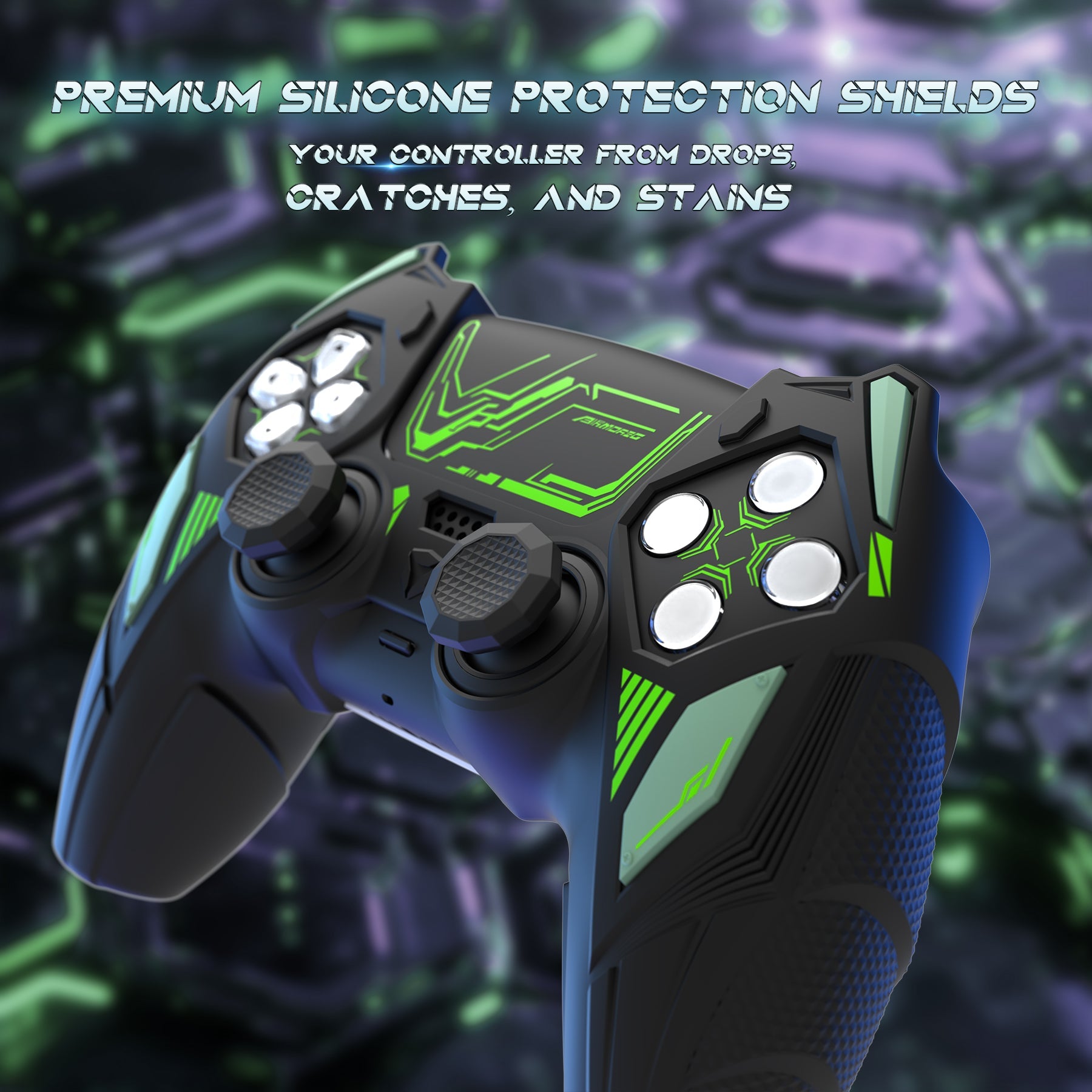 PlayVital Mecha Rhino Silicone Cover for PS5 Controller with Thumb Grips & Stickers, Compatible with Charging Station - Black & Green PlayVital