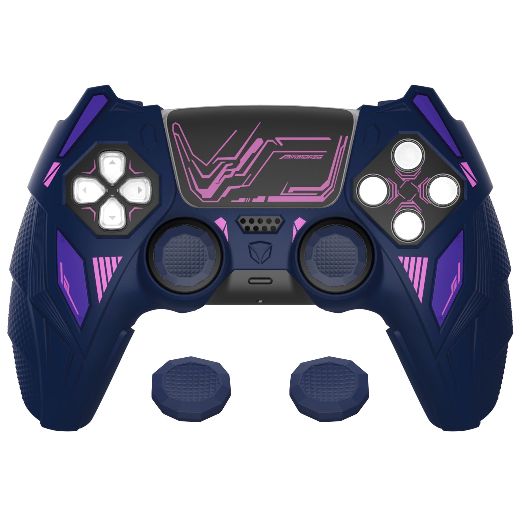 PlayVital Mecha Rhino Silicone Cover for PS5 Controller with Thumb Grips & Stickers, Compatible with Charging Station - Midnight Blue & Purple PlayVital