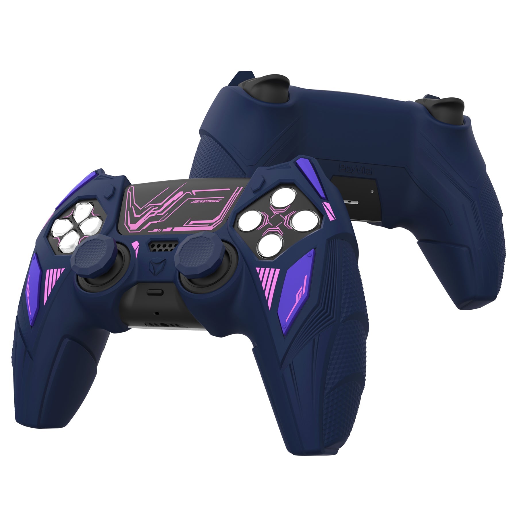 PlayVital Mecha Rhino Silicone Cover for PS5 Controller with Thumb Grips & Stickers, Compatible with Charging Station - Midnight Blue & Purple PlayVital