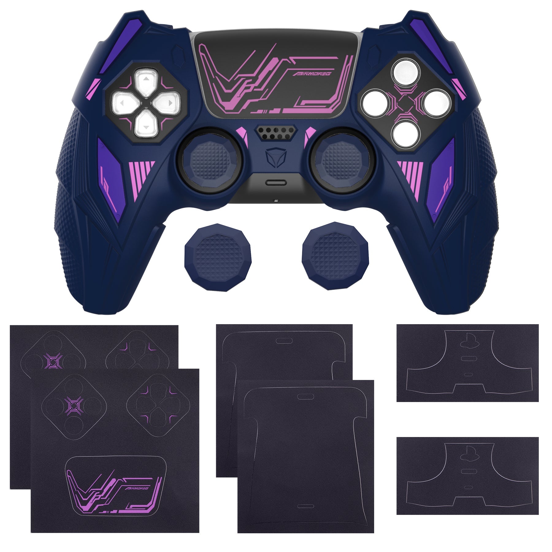 PlayVital Mecha Rhino Silicone Cover for PS5 Controller with Thumb Grips & Stickers, Compatible with Charging Station - Midnight Blue & Purple PlayVital