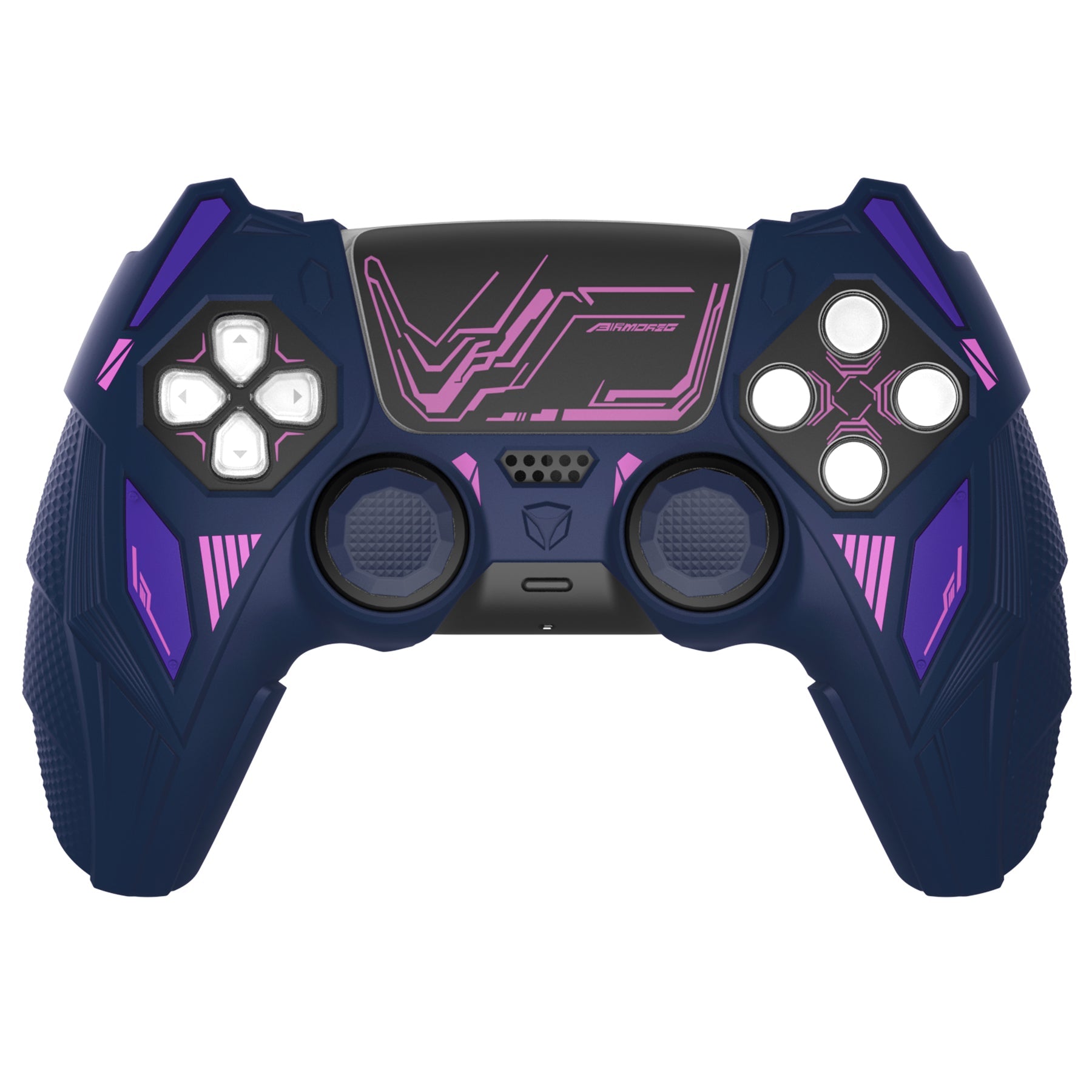 PlayVital Mecha Rhino Silicone Cover for PS5 Controller with Thumb Grips & Stickers, Compatible with Charging Station - Midnight Blue & Purple PlayVital