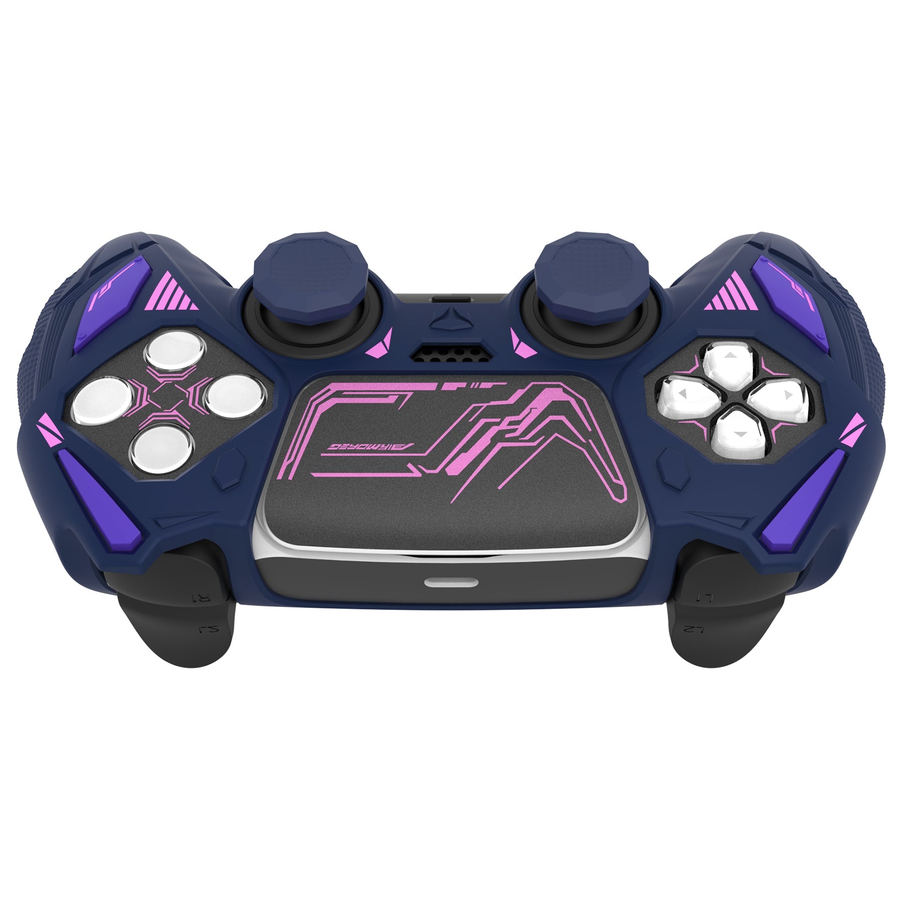 PlayVital Mecha Rhino Silicone Cover for PS5 Controller with Thumb Grips & Stickers, Compatible with Charging Station - Midnight Blue & Purple PlayVital