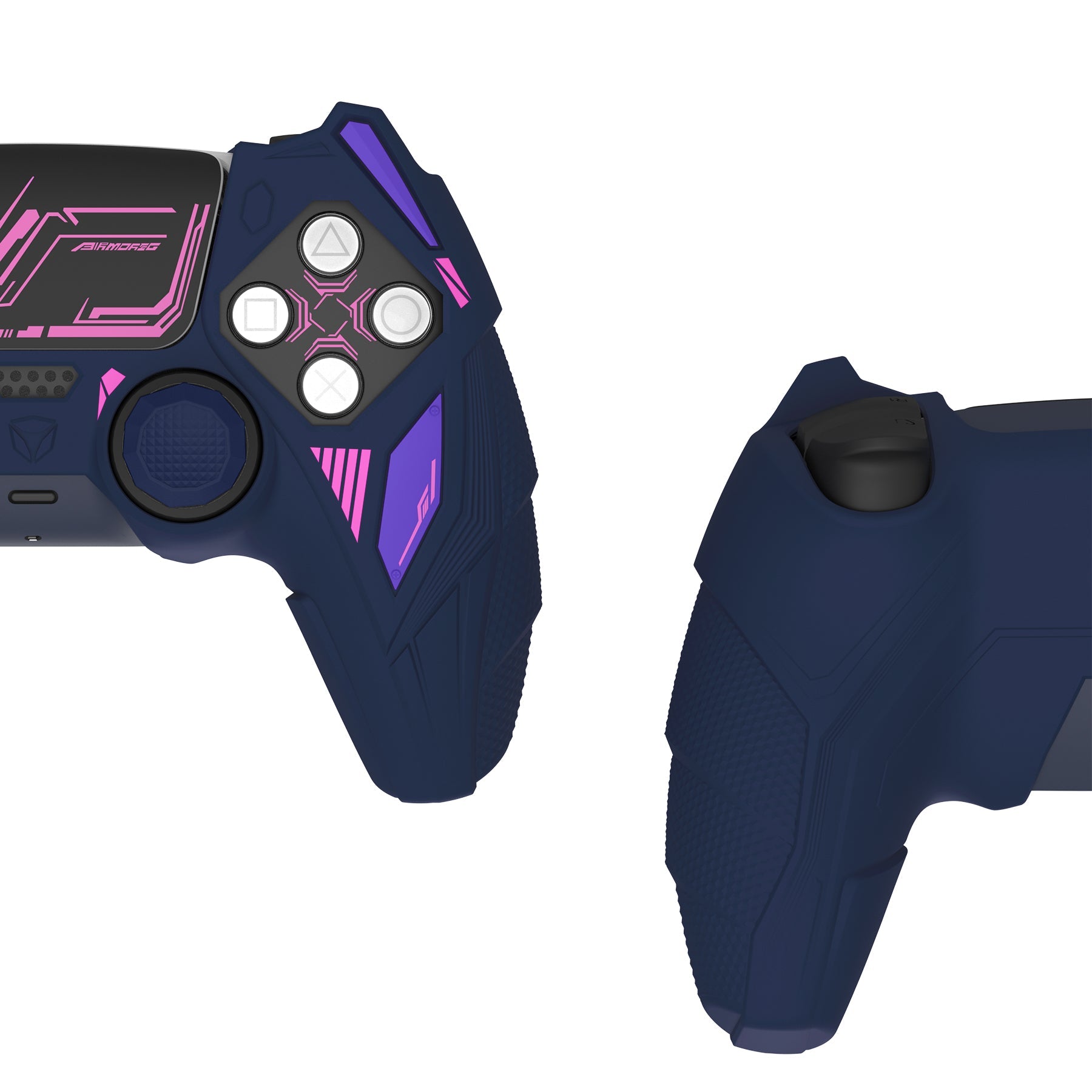 PlayVital Mecha Rhino Silicone Cover for PS5 Controller with Thumb Grips & Stickers, Compatible with Charging Station - Midnight Blue & Purple PlayVital