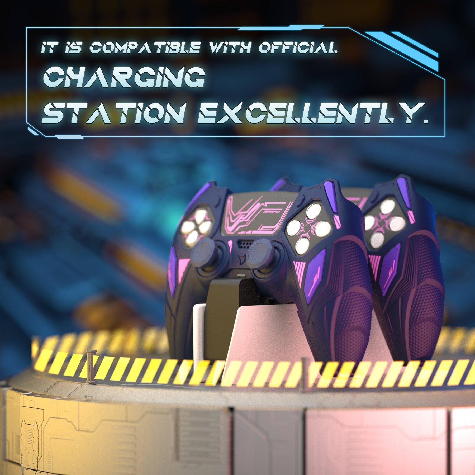 PlayVital Mecha Rhino Silicone Cover for PS5 Controller with Thumb Grips & Stickers, Compatible with Charging Station - Midnight Blue & Purple PlayVital