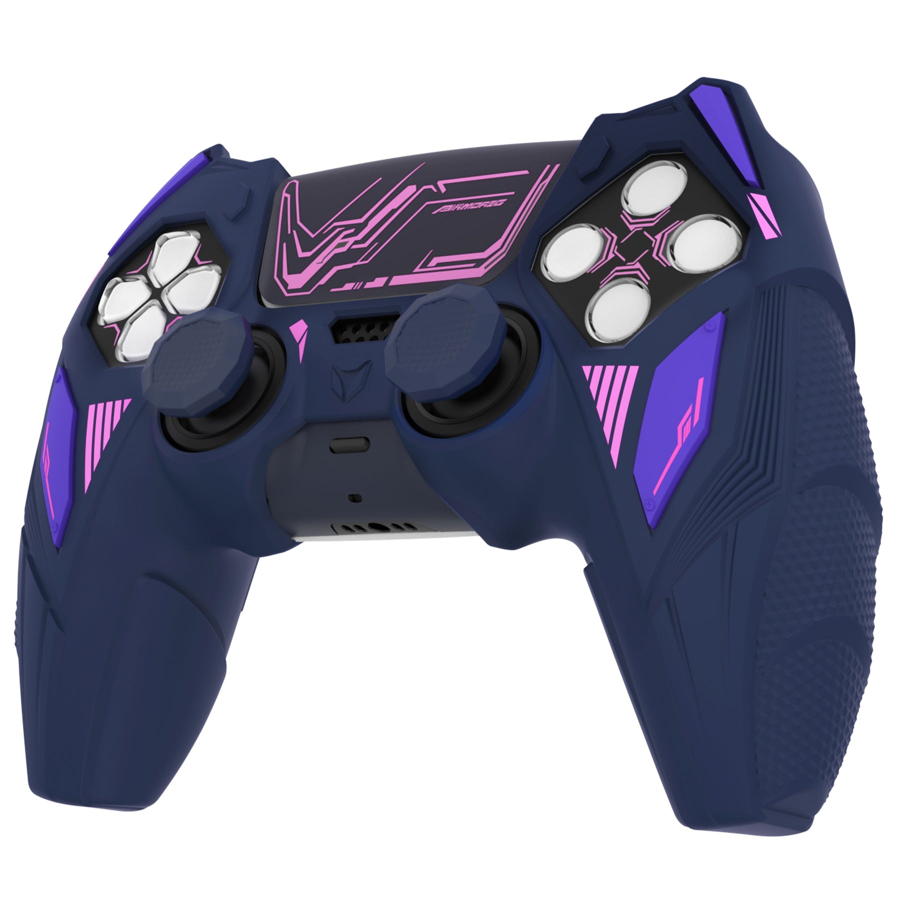PlayVital Mecha Rhino Silicone Cover for PS5 Controller with Thumb Grips & Stickers, Compatible with Charging Station - Midnight Blue & Purple PlayVital