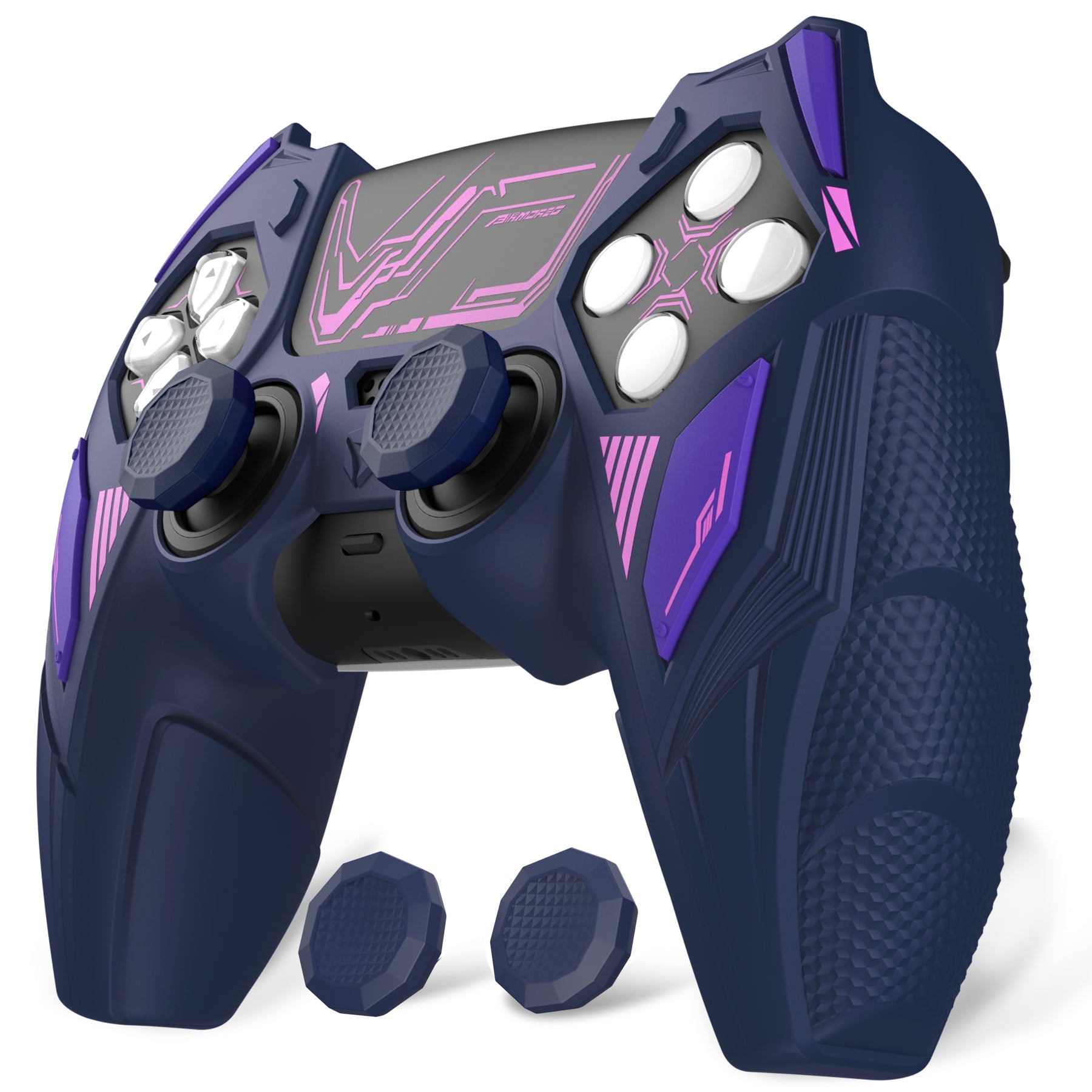 PlayVital Mecha Rhino Silicone Cover for PS5 Controller with Thumb Grips & Stickers, Compatible with Charging Station - Midnight Blue & Purple PlayVital