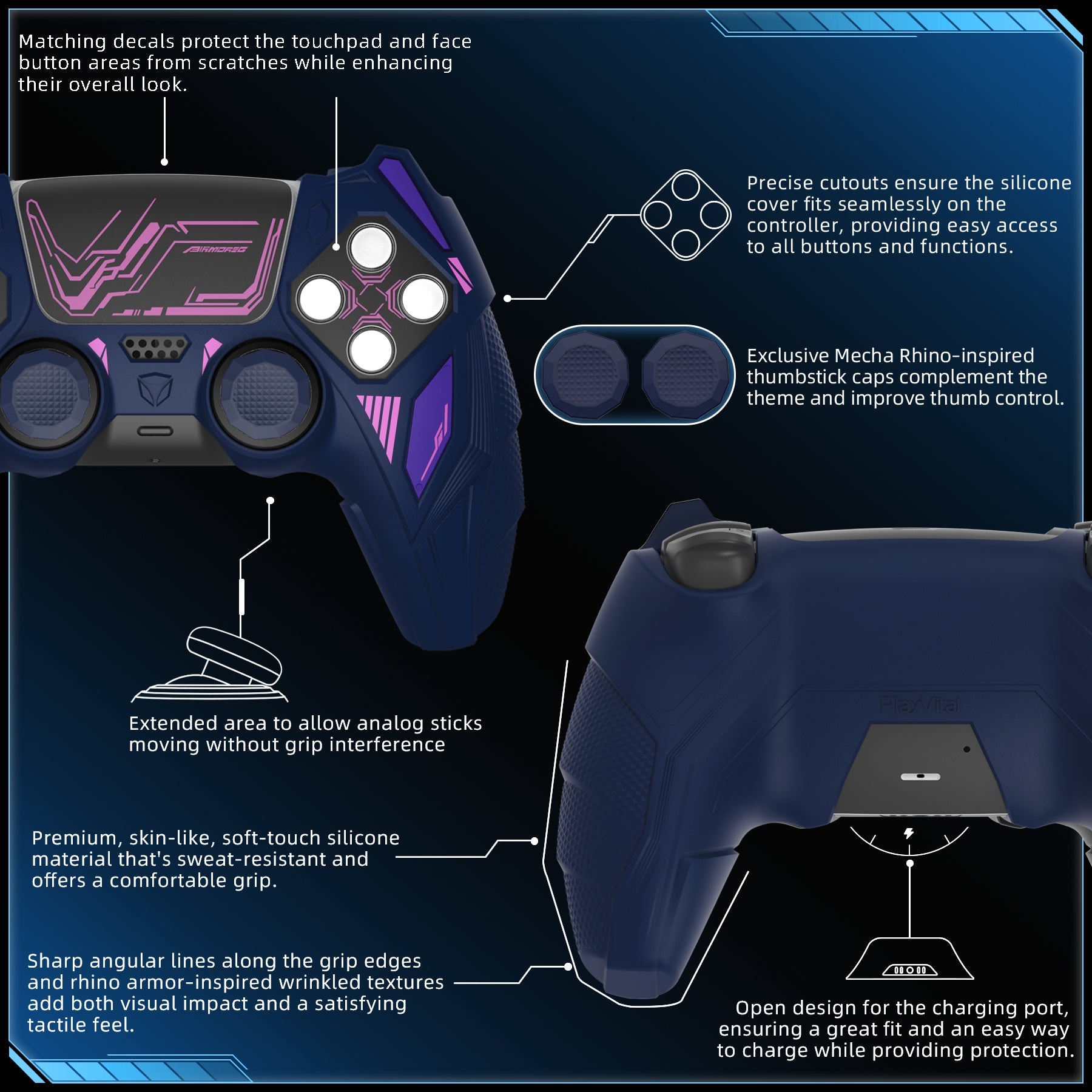 PlayVital Mecha Rhino Silicone Cover for PS5 Controller with Thumb Grips & Stickers, Compatible with Charging Station - Midnight Blue & Purple PlayVital