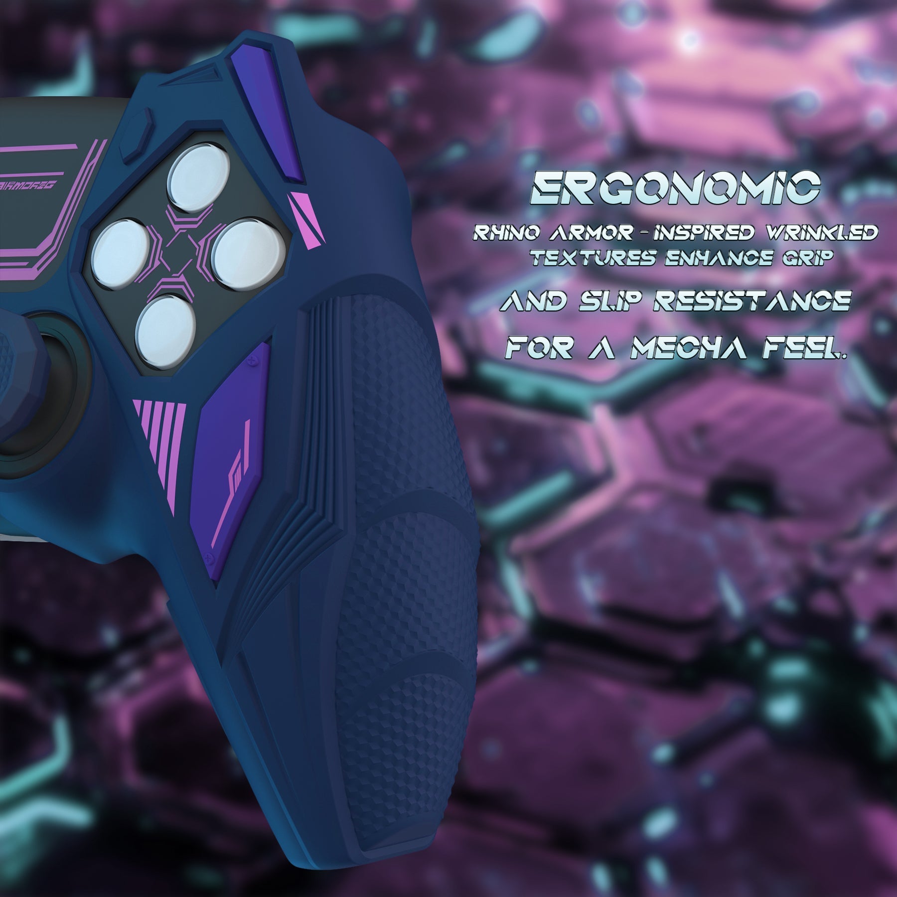 PlayVital Mecha Rhino Silicone Cover for PS5 Controller with Thumb Grips & Stickers, Compatible with Charging Station - Midnight Blue & Purple PlayVital