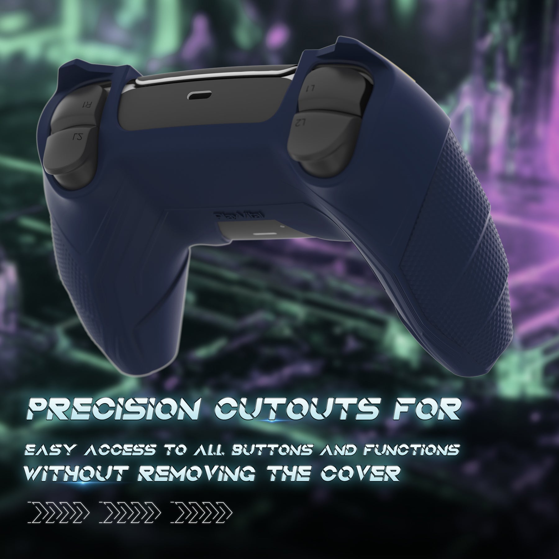 PlayVital Mecha Rhino Silicone Cover for PS5 Controller with Thumb Grips & Stickers, Compatible with Charging Station - Midnight Blue & Purple PlayVital