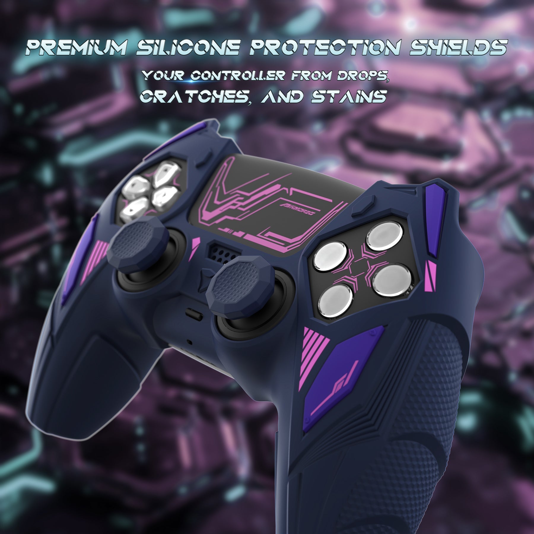 PlayVital Mecha Rhino Silicone Cover for PS5 Controller with Thumb Grips & Stickers, Compatible with Charging Station - Midnight Blue & Purple PlayVital
