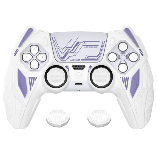 PlayVital Mecha Rhino Silicone Cover for PS5 Controller with Thumb Grips & Stickers, Compatible with Charging Station - White & Light Violet PlayVital