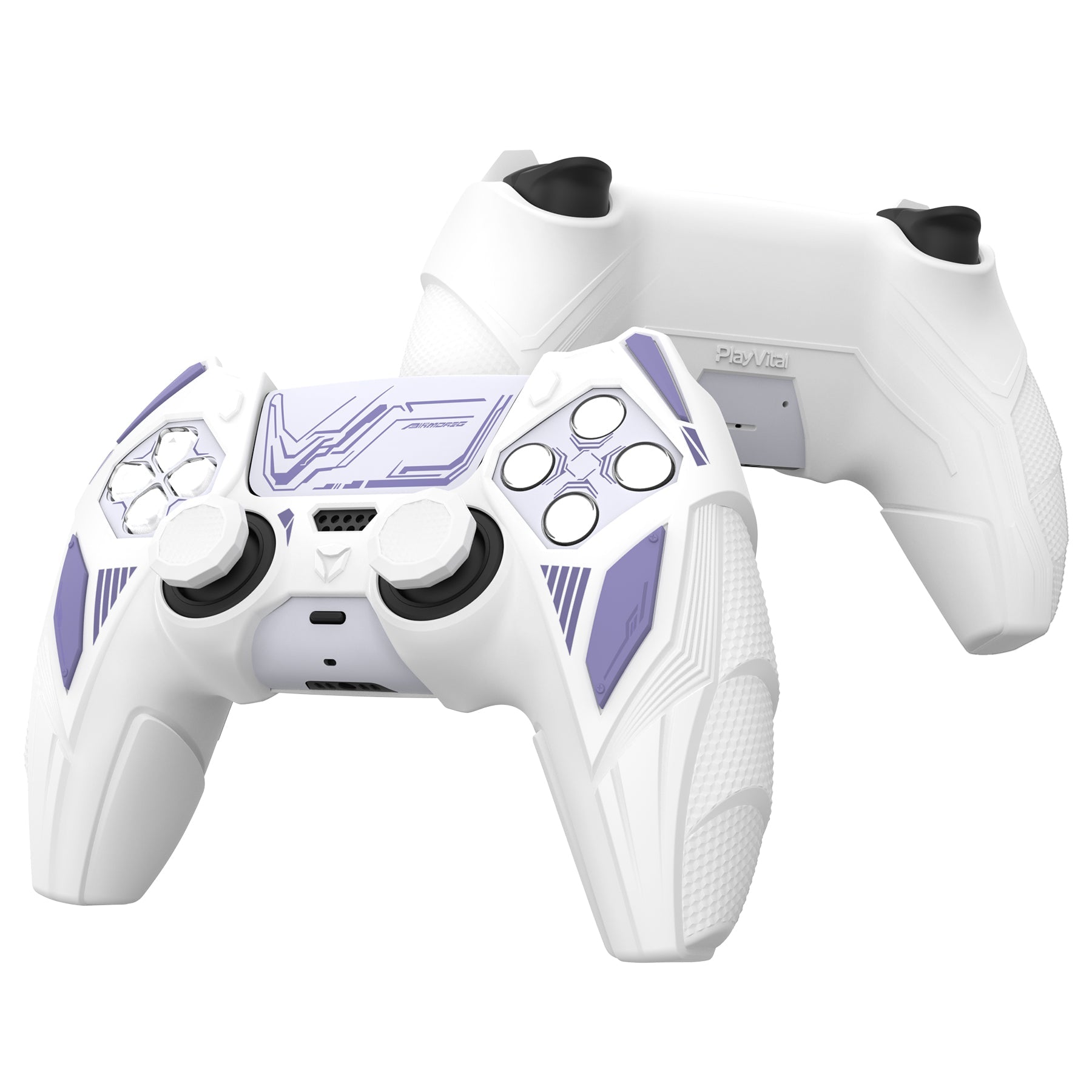 PlayVital Mecha Rhino Silicone Cover for PS5 Controller with Thumb Grips & Stickers, Compatible with Charging Station - White & Light Violet PlayVital