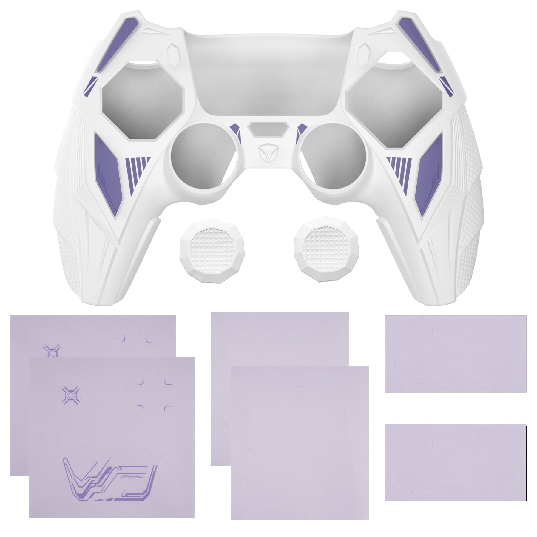 PlayVital Mecha Rhino Silicone Cover for PS5 Controller with Thumb Grips & Stickers, Compatible with Charging Station - White & Light Violet PlayVital