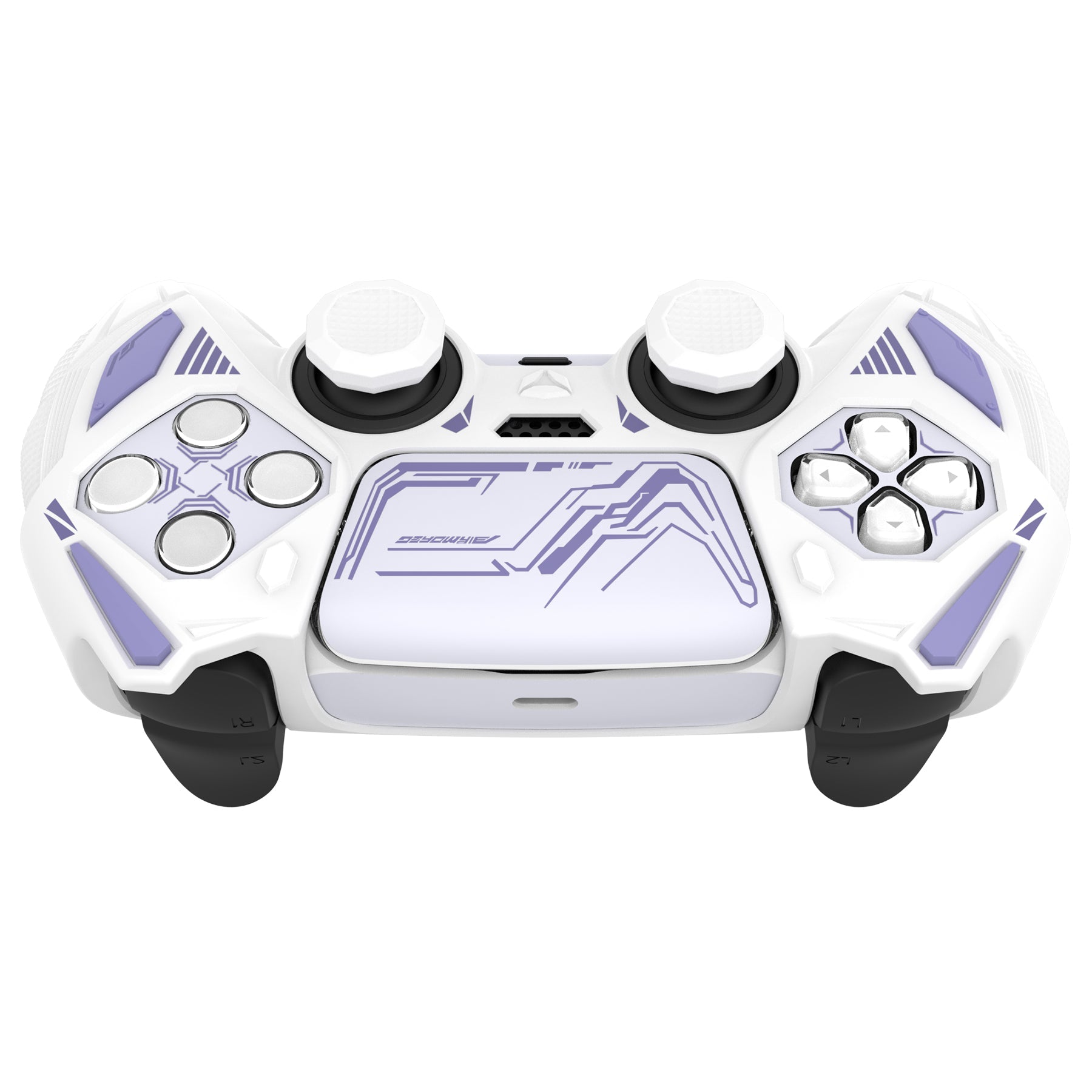 PlayVital Mecha Rhino Silicone Cover for PS5 Controller with Thumb Grips & Stickers, Compatible with Charging Station - White & Light Violet PlayVital