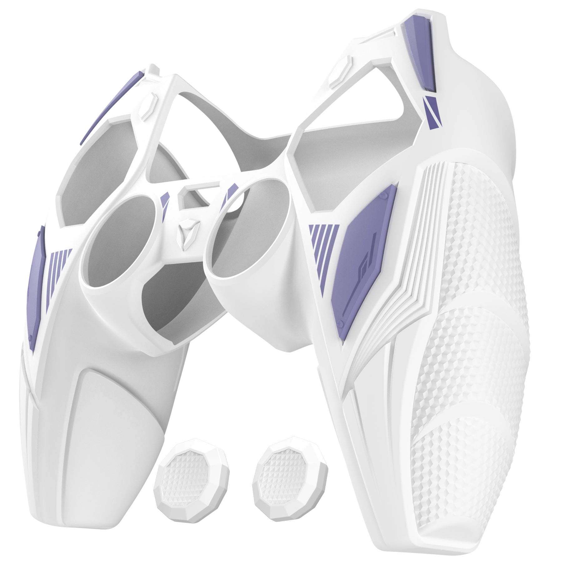 PlayVital Mecha Rhino Silicone Cover for PS5 Controller with Thumb Grips & Stickers, Compatible with Charging Station - White & Light Violet PlayVital