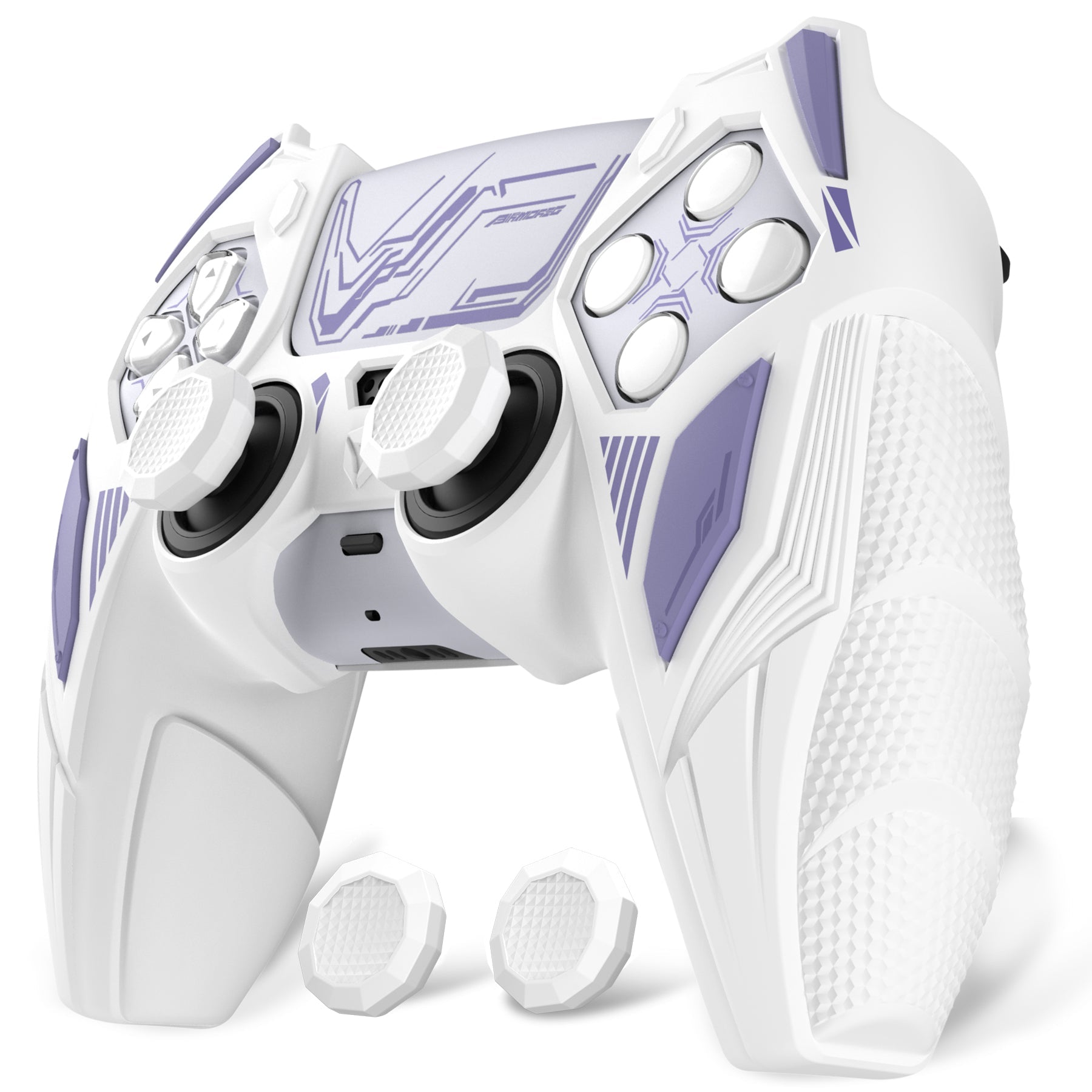 PlayVital Mecha Rhino Silicone Cover for PS5 Controller with Thumb Grips & Stickers, Compatible with Charging Station - White & Light Violet PlayVital