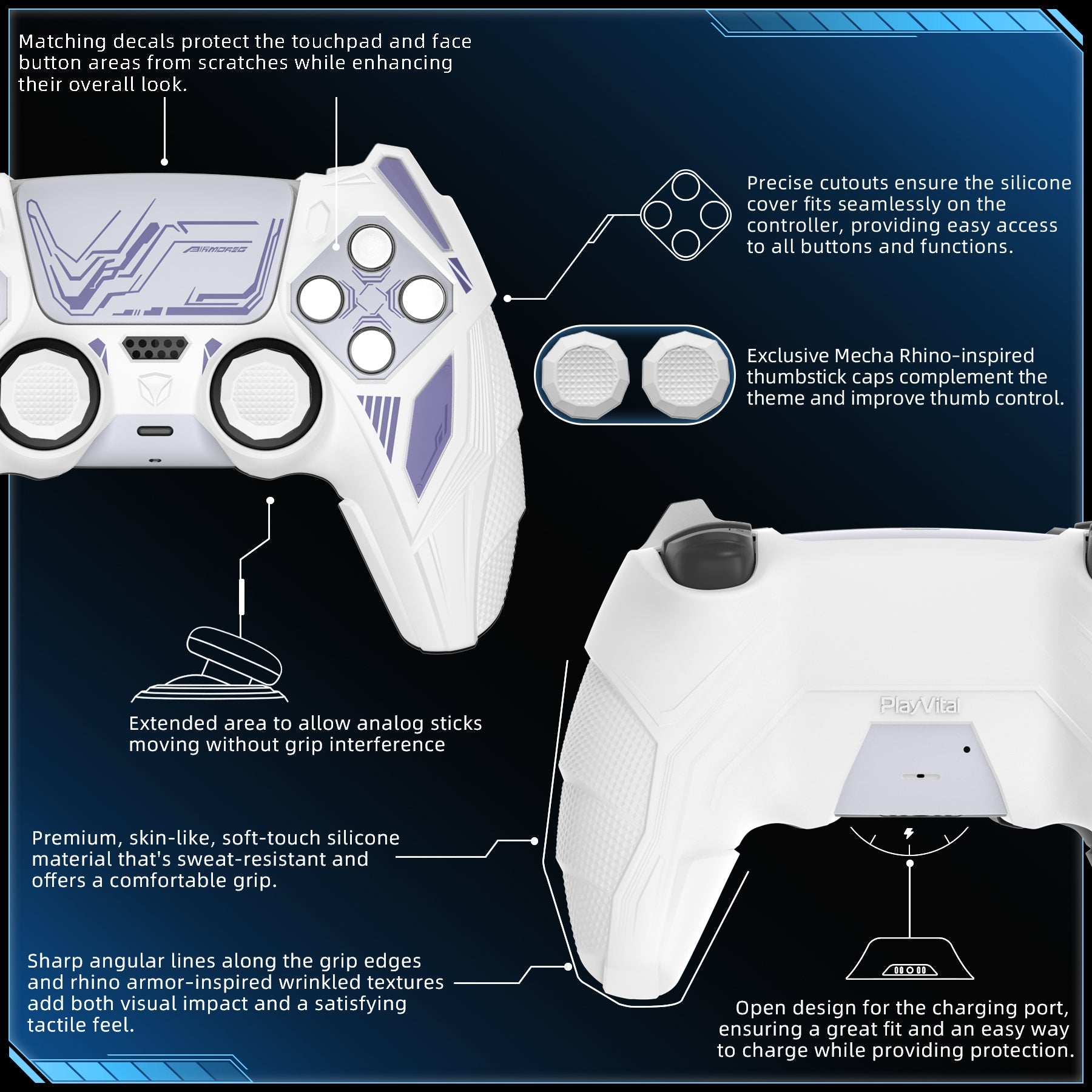 PlayVital Mecha Rhino Silicone Cover for PS5 Controller with Thumb Grips & Stickers, Compatible with Charging Station - White & Light Violet PlayVital