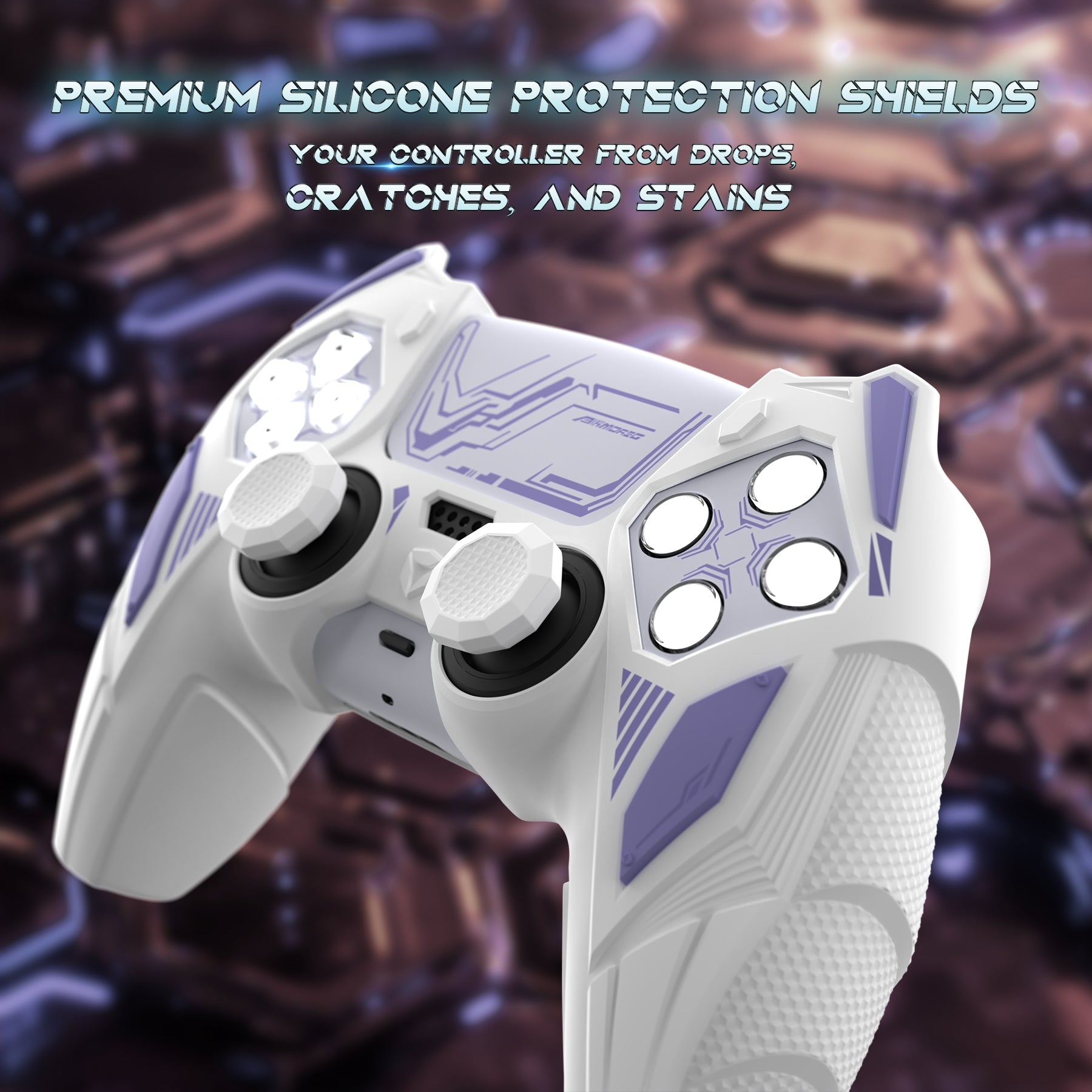 PlayVital Mecha Rhino Silicone Cover for PS5 Controller with Thumb Grips & Stickers, Compatible with Charging Station - White & Light Violet PlayVital