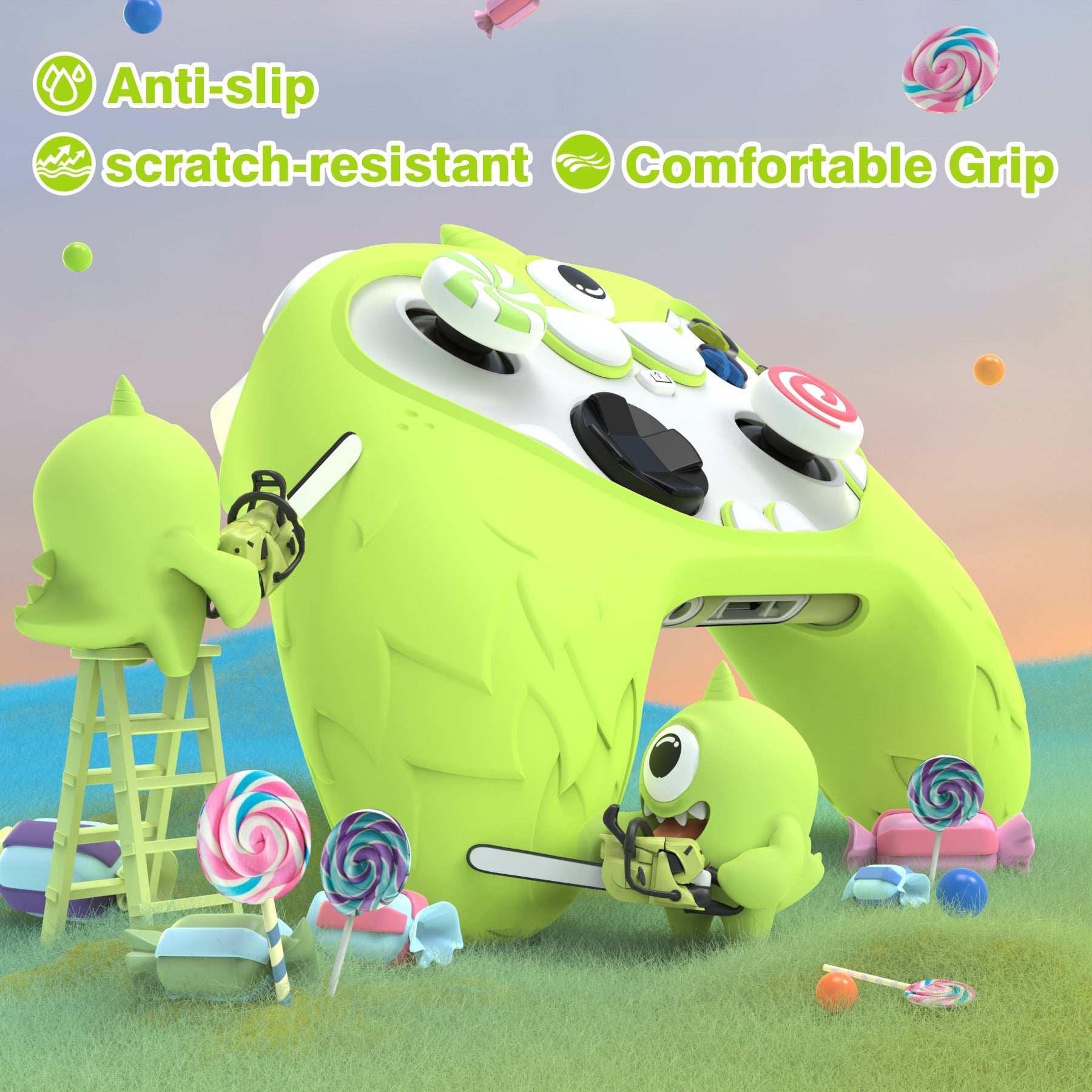 PlayVital MonoEye Monster Cute Silicone Cover for Xbox Series X/S Controller, Includes Joystick Caps and Stickers for Xbox Core Controller Grip Case - Green PlayVital