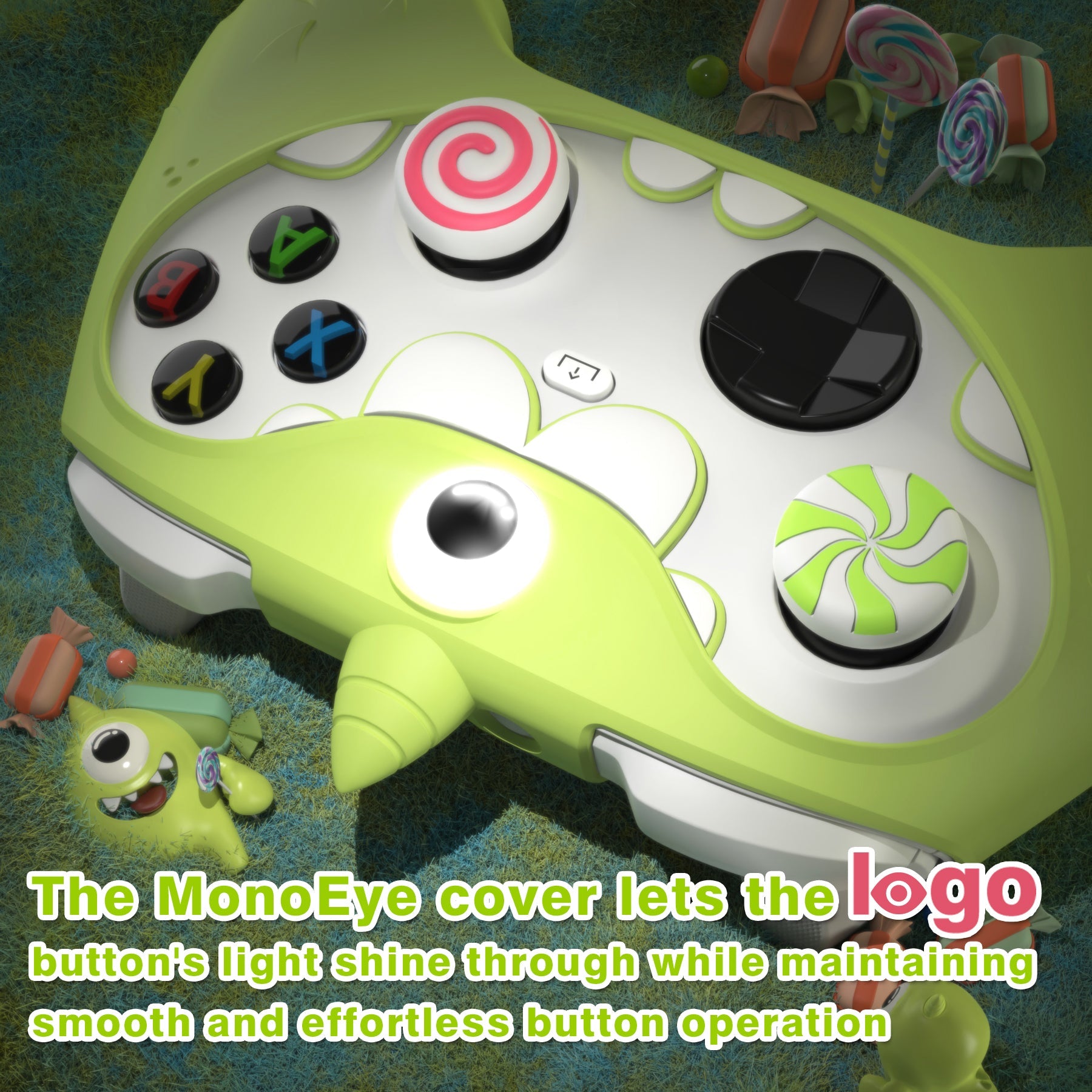 PlayVital MonoEye Monster Cute Silicone Cover for Xbox Series X/S Controller, Includes Joystick Caps and Stickers for Xbox Core Controller Grip Case - Green PlayVital