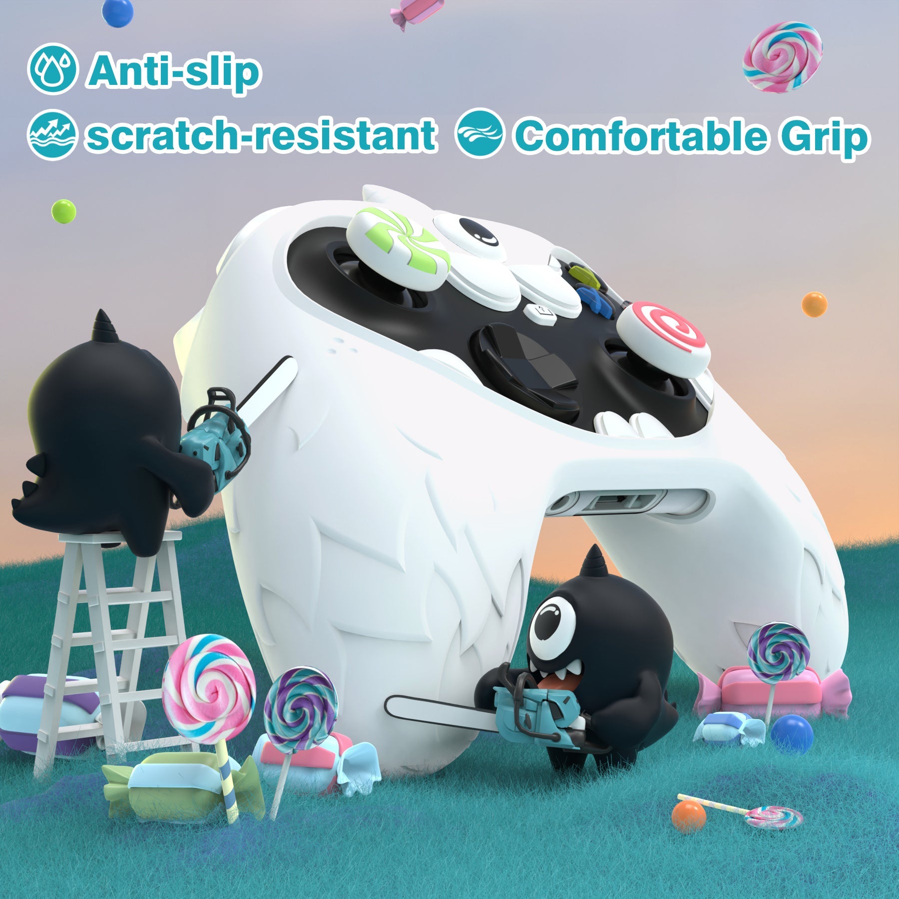 PlayVital MonoEye Monster Cute Silicone Cover for Xbox Series X/S Controller, Includes Joystick Caps and Stickers for Xbox Core Controller Grip Case - White PlayVital