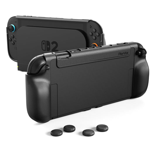 PlayVital PURE Grip Case for Nintendo Switch 2, Shockproof TPU Protective Cover Ergonomic Anti-Slip Grips Design & Thumbstick Caps - Black PlayVital