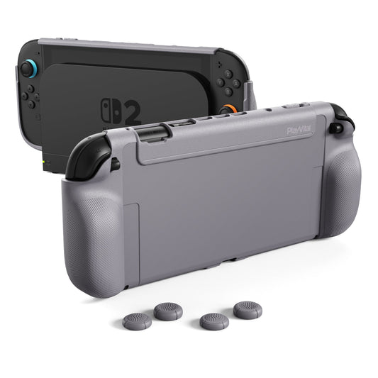 PlayVital PURE Grip Case for Nintendo Switch 2, Shockproof TPU Protective Cover Ergonomic Anti-Slip Grips Design & Thumbstick Caps - New Hope Gray PlayVital