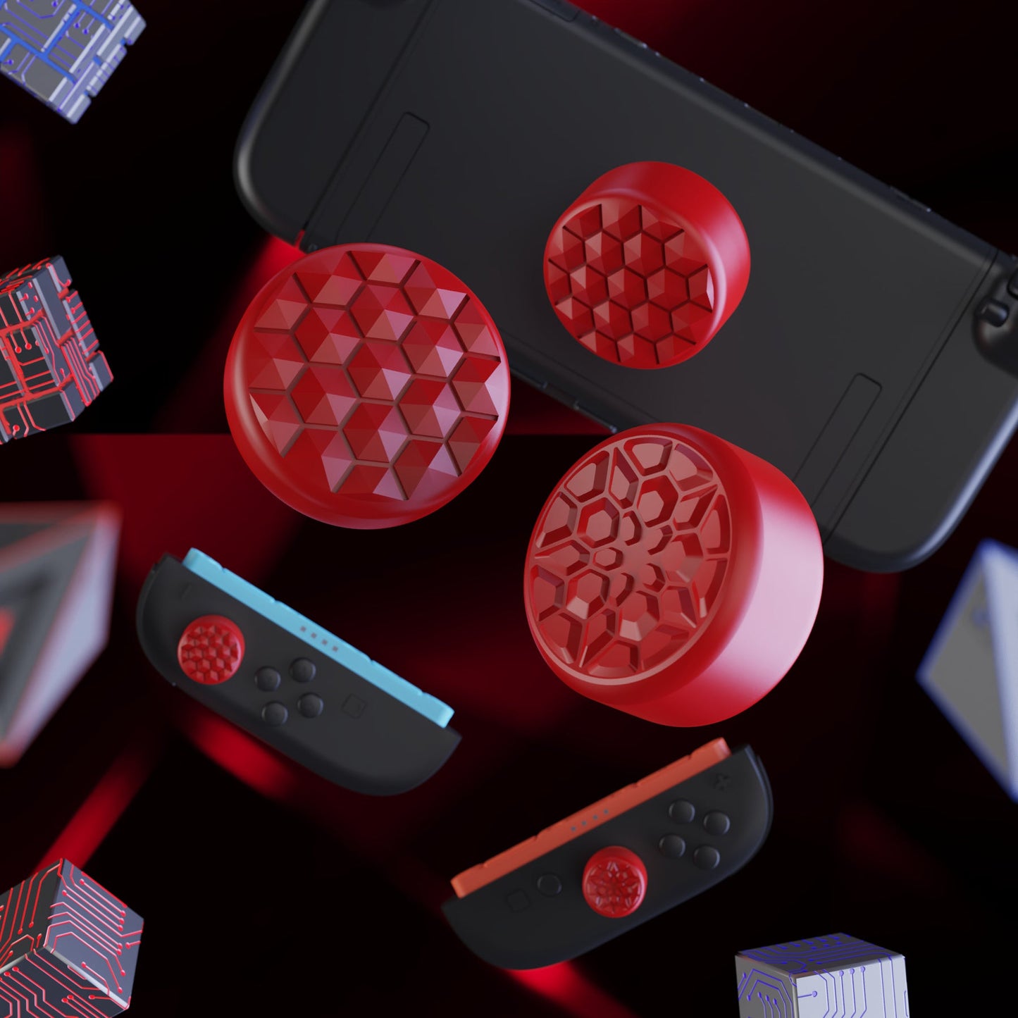 PlayVital QUANTUM Pro Ergonomic Thumbstick Grips for Nintendo Switch 2 (2025) with 3 Height Convex and Concave - Diamond Grain & Crack Bomb Design - Passion Red PlayVital