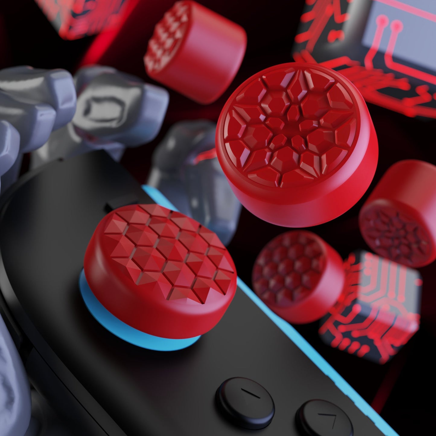 PlayVital QUANTUM Pro Ergonomic Thumbstick Grips for Nintendo Switch 2 (2025) with 3 Height Convex and Concave - Diamond Grain & Crack Bomb Design - Passion Red PlayVital