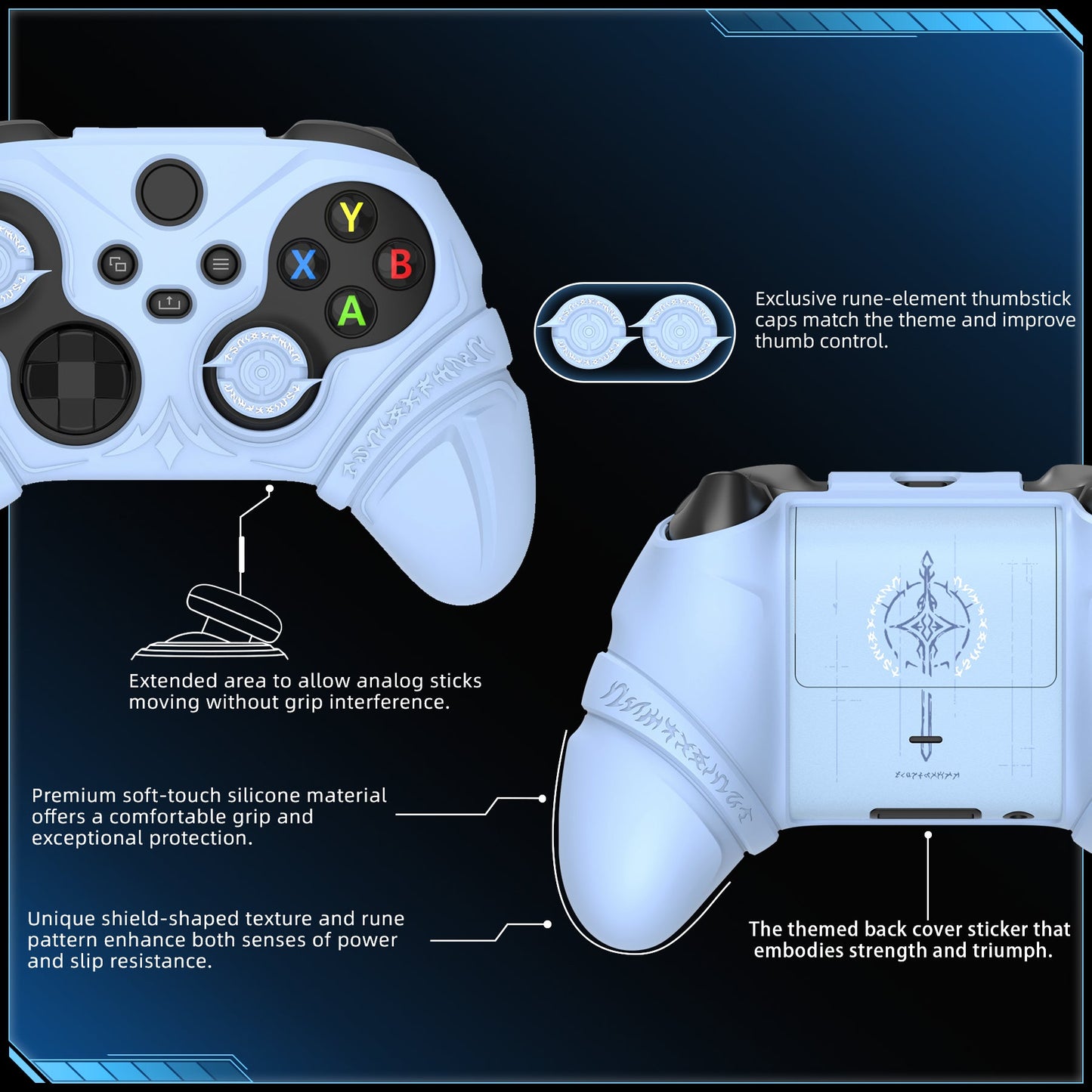 PlayVital Runes Edition Silicone Controller Cover with Thumbstick Cap & Sticker for Xbox Series X/S Controller & Xbox Core Wireless Controller - Blue PlayVital