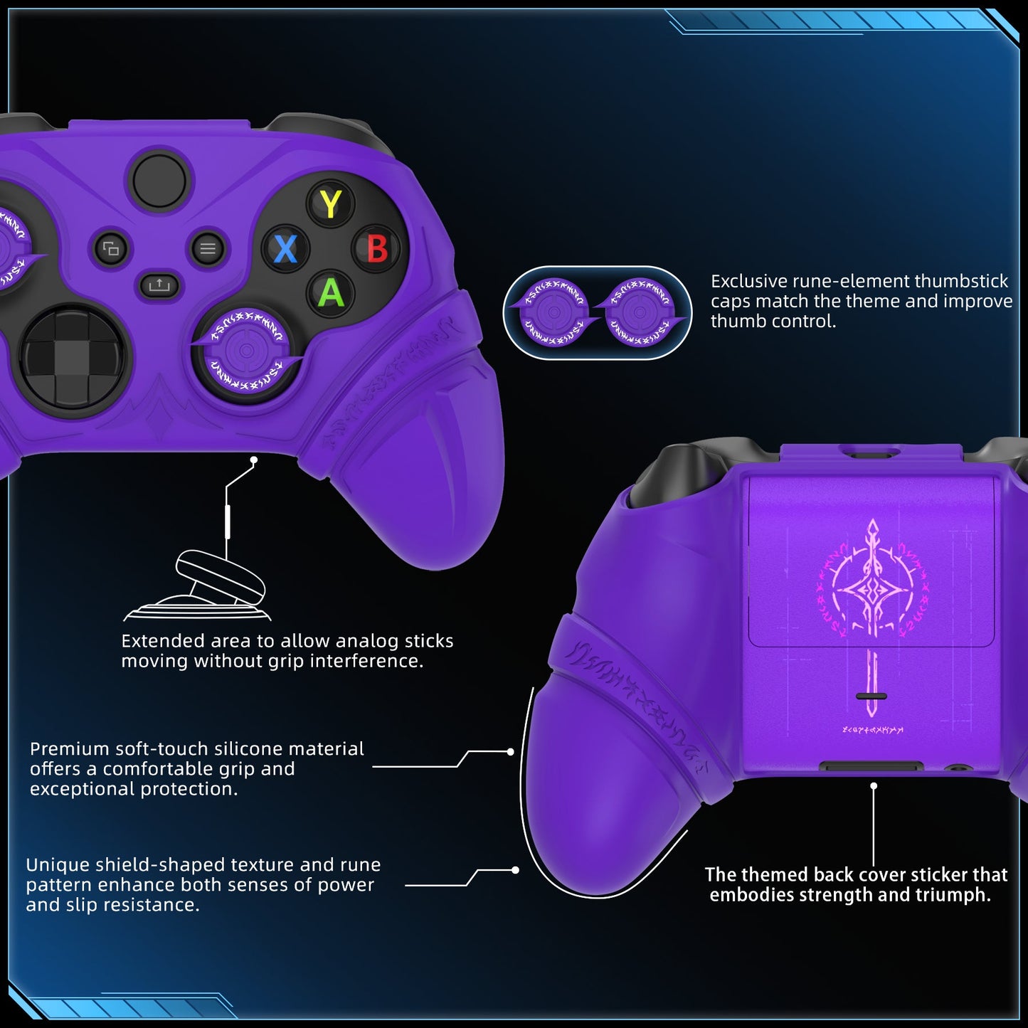 PlayVital Runes Edition Silicone Controller Cover with Thumbstick Cap & Sticker for Xbox Series X/S Controller & Xbox Core Wireless Controller - Purple PlayVital