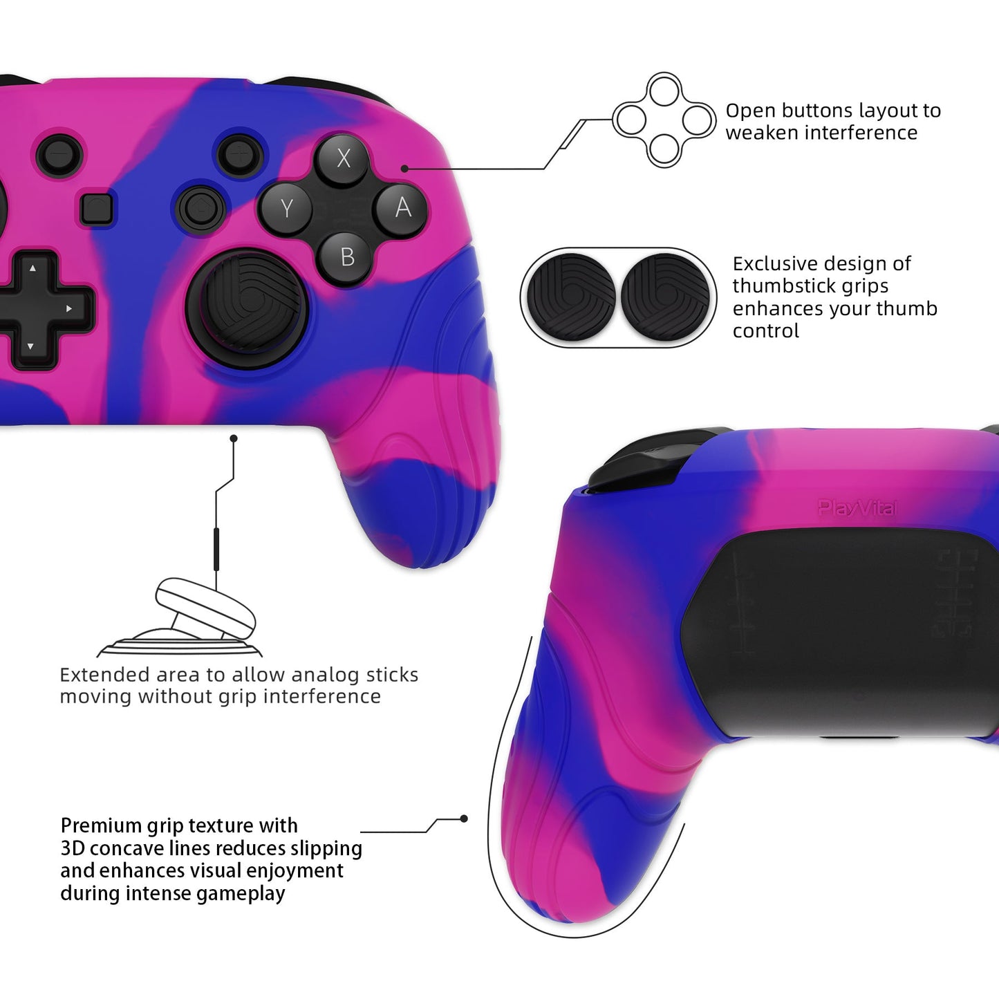 PlayVital Samurai Edition Ergonomic Anti-slip Silicone Skin Protective Case with Thumb Grip Caps for Nintendo Switch Pro Controller - Pink & Purple & Blue PlayVital