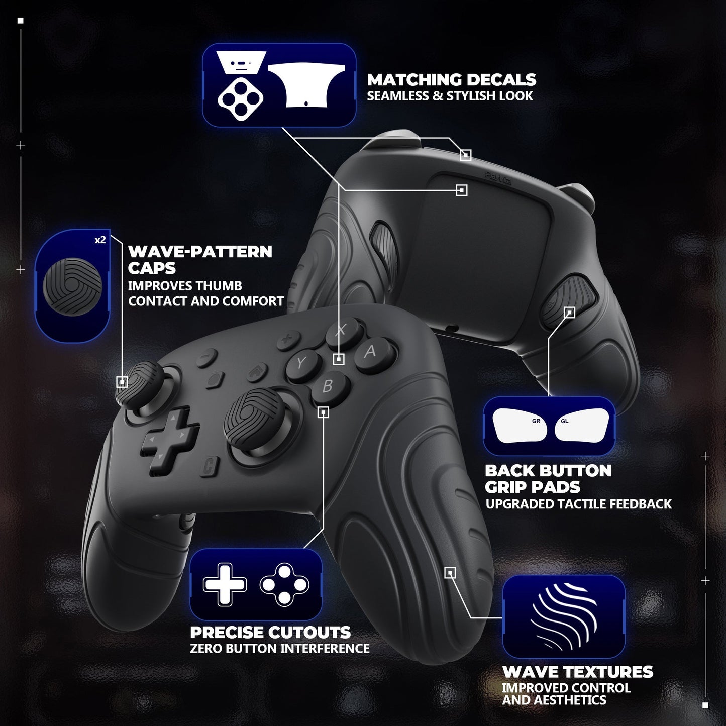 PlayVital Samurai Edition Protective Silicone Case for Nintendo Switch 2 Pro Controller with Back Button Caps & Thumb Grips & Stickers - Black PlayVital
