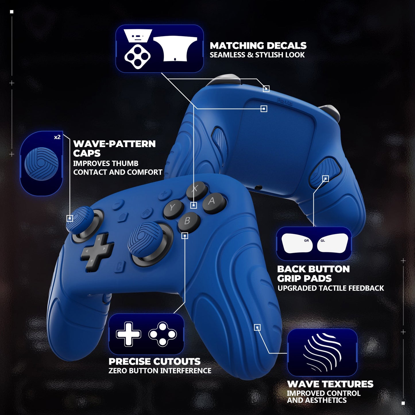 PlayVital Samurai Edition Protective Silicone Case for Nintendo Switch 2 Pro Controller with Back Button Caps & Thumb Grips & Stickers - Blue PlayVital