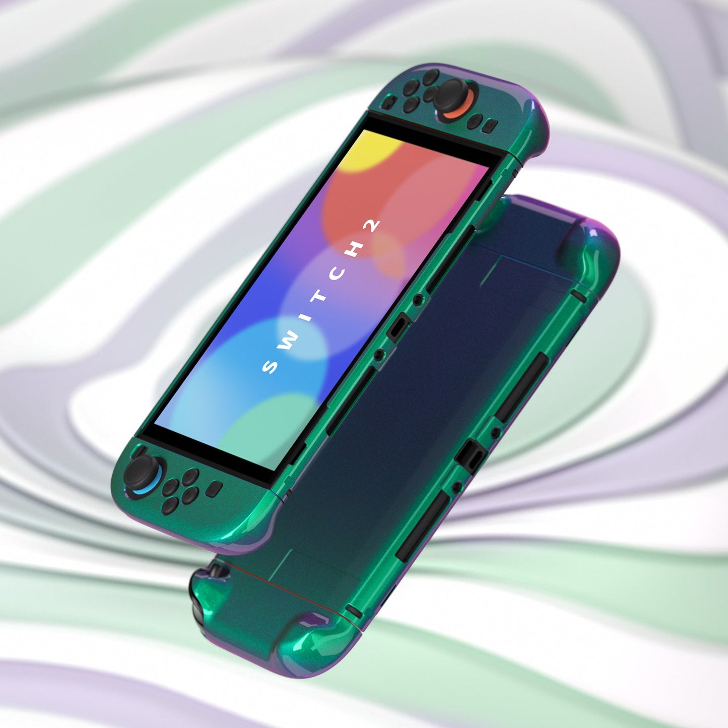 PlayVital Solid Color Series Hard Shell Protective Case with Foldable Stand & Thumb Grips for Nintendo Switch 2 - Chameleon Green Purple PlayVital