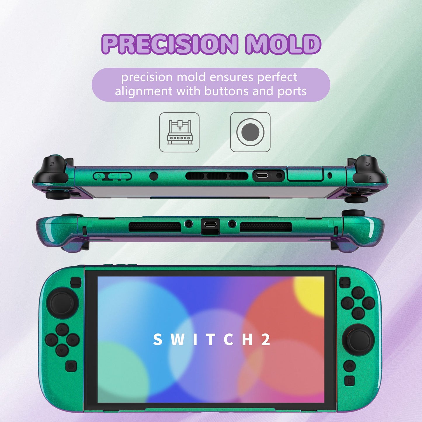 PlayVital Solid Color Series Hard Shell Protective Case with Foldable Stand & Thumb Grips for Nintendo Switch 2 - Chameleon Green Purple PlayVital
