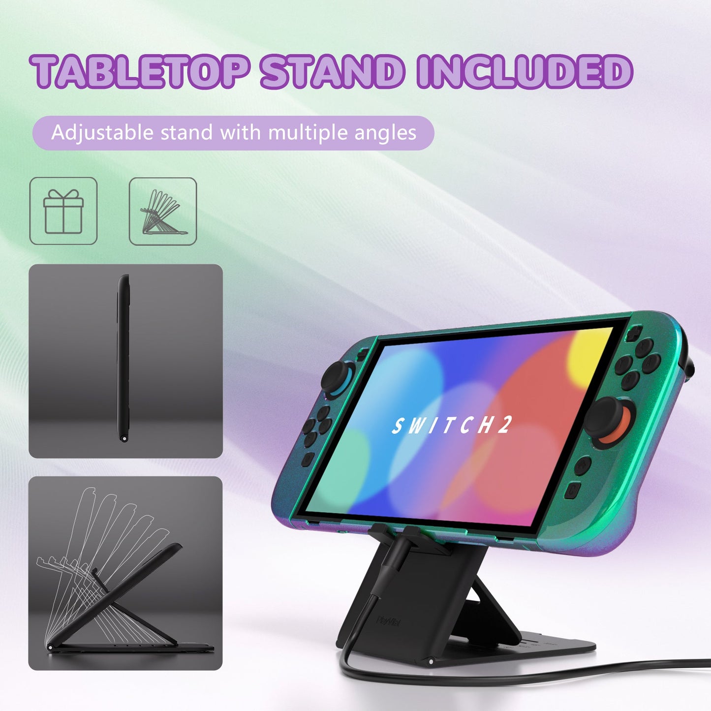 PlayVital Solid Color Series Hard Shell Protective Case with Foldable Stand & Thumb Grips for Nintendo Switch 2 - Chameleon Green Purple PlayVital