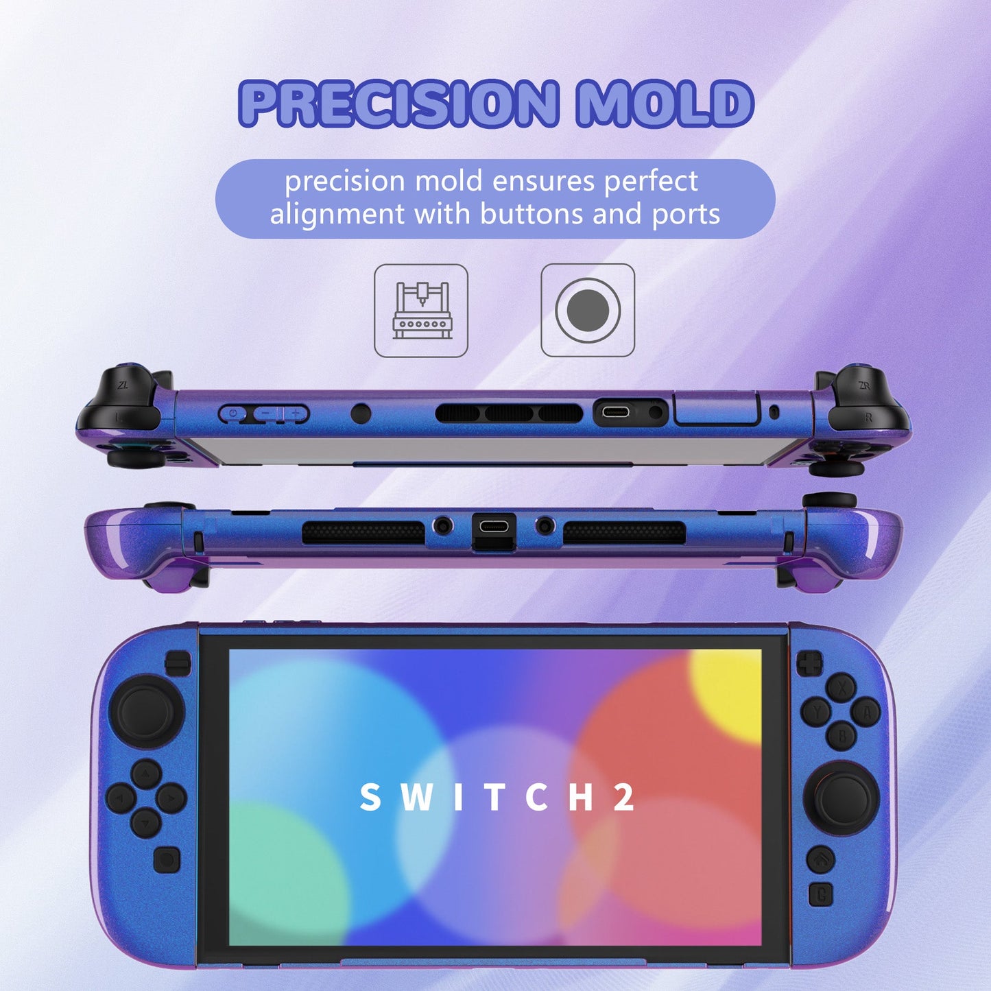 PlayVital Solid Color Series Hard Shell Protective Case with Foldable Stand & Thumb Grips for Nintendo Switch 2 - Chameleon Purple Blue PlayVital